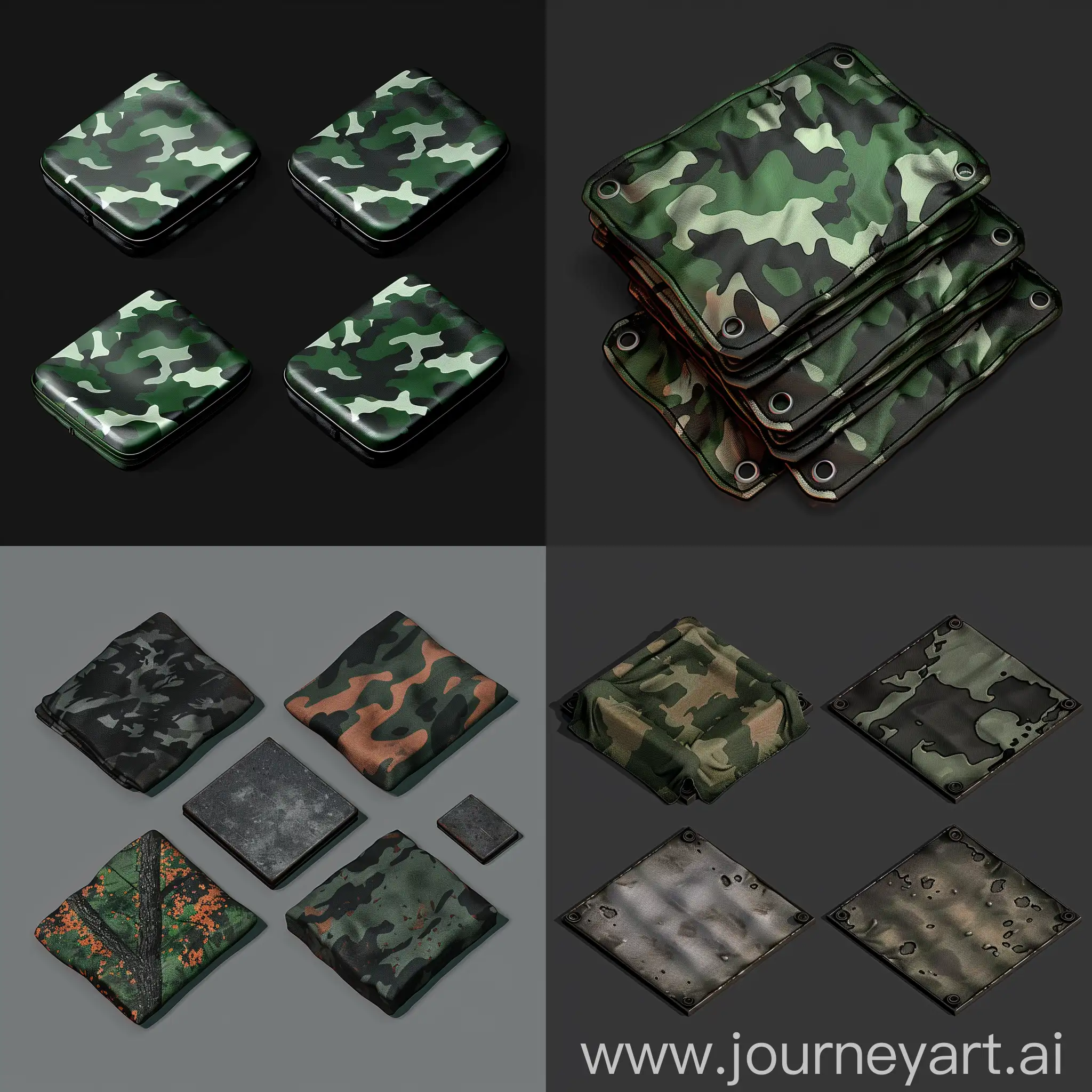 https://i.imgur.com/OCXGCiB.png realistic photo of isometric set of camo square thin metal plate plate, slyle of unreal engine 5 asset, ultrarealistic style, 3d render --chaos 20
