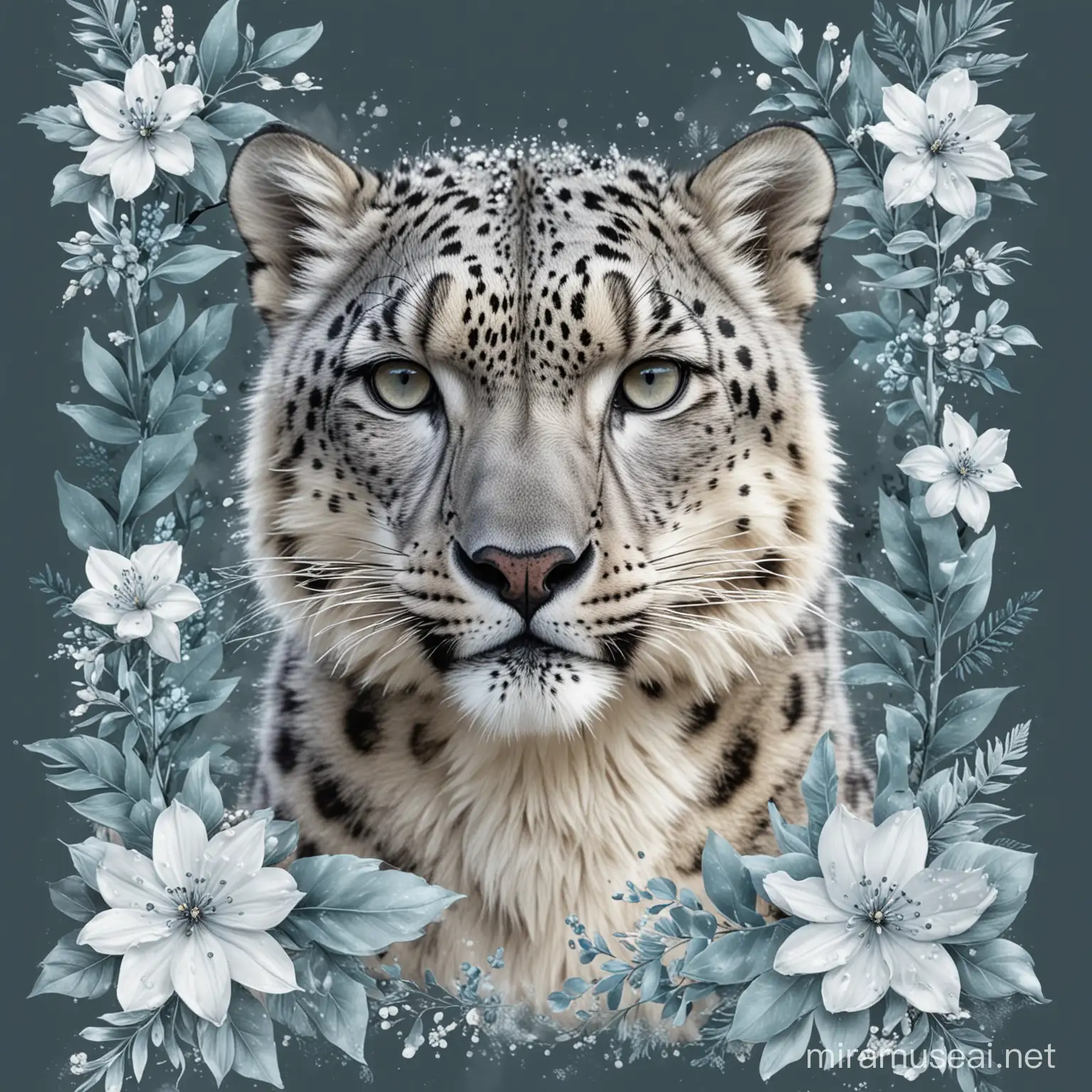 please give me a design for a t-shirt with snow leopard full body and with icy theme with frosted leaves and flowers, with aesthetic and beautiful, sophisticated design d