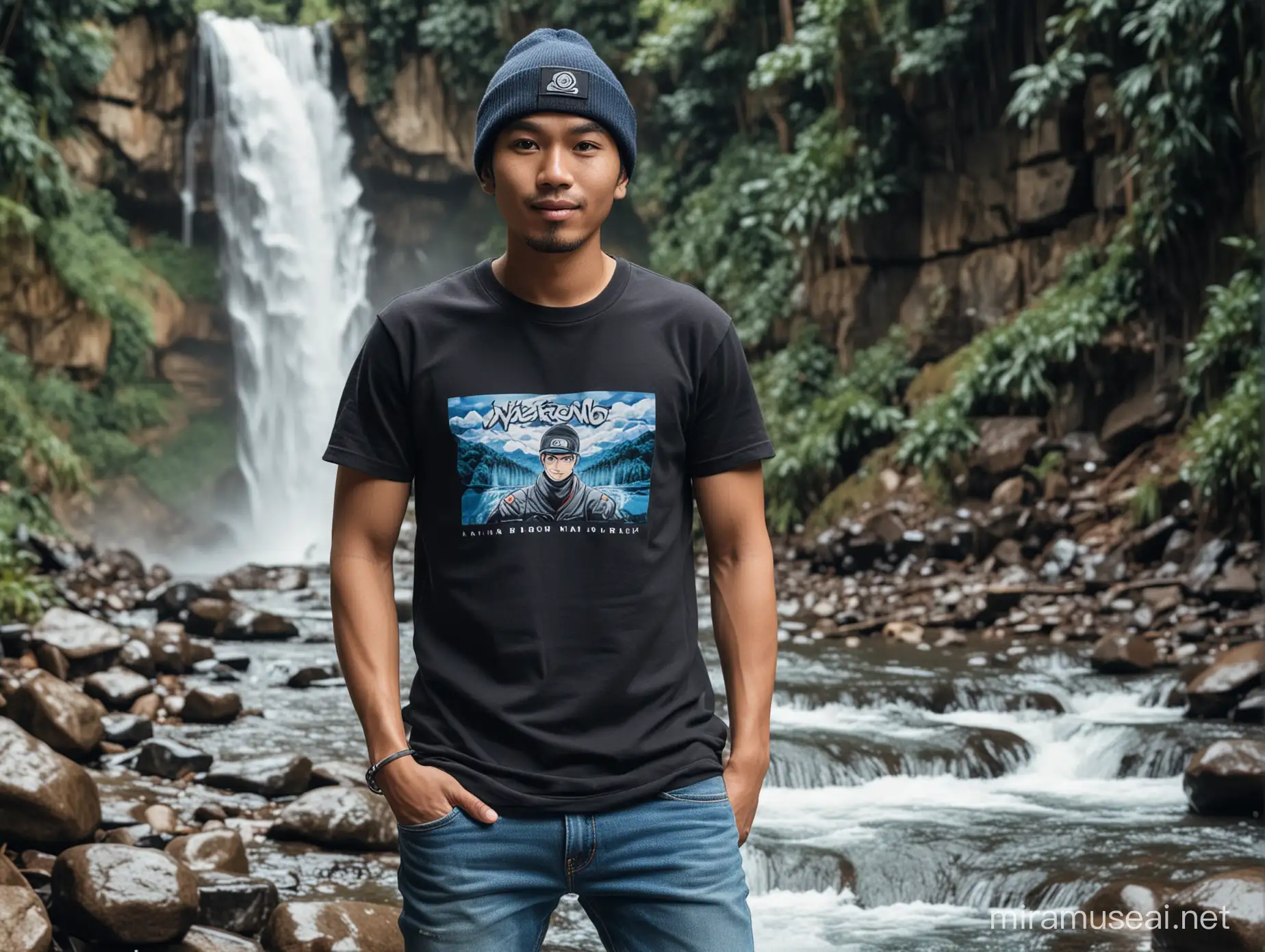 gambar setengah pinggul: Pria indonesia usia 30 tahun memakai beanie hitam berwajah ramah,bergaya menghadap ke depan, baju kaos Naruto.dan celana jeans biru,latar belakang, di aliran sungai di bawah air terjun.