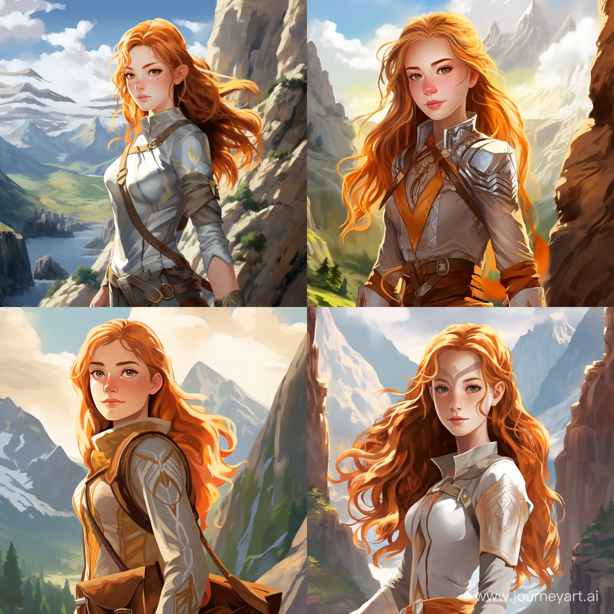 Beautiful girl, golden hair, bluish-green eyes, snow-white skin, teenager, 14 years old, avatar-style legend of aang, journey in the mountains, high quality, high detail, cartoon art