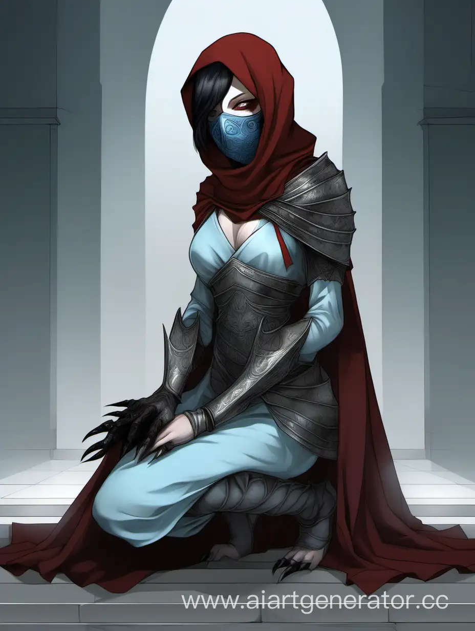 woman, light blue skin, mouth covered with a cloth mask, gray eyes, vertical pupil, black short claws on her hands, short dark red hair, kneeling, tailed, fantasy art