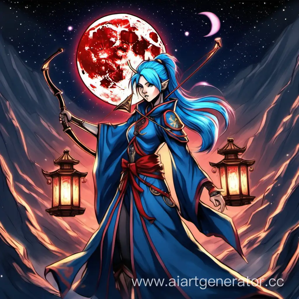 Draw a Star archer without armor in a cloak with cast blue hair Gathered in a ponytail in one hand a Star bow in the other an ancient lantern so that she looks furiously into the distance against the background of the Blood Moon