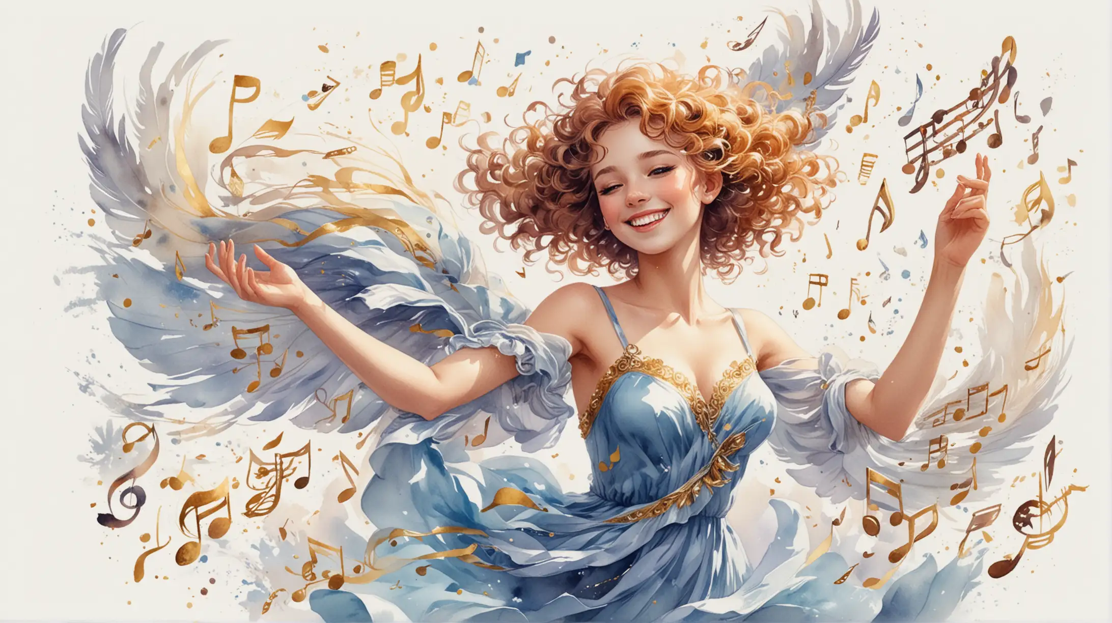 on a white background, painted in watercolor in anime style, the girl muse Euterpe in a light flying havenly blue dress, a happy smile, colorful notes fly out of developing hair, wings from notes, wind, flight, holds a treble clef in elegant palms, inspiration, fantasy, music, curly gold ribbons of black notes