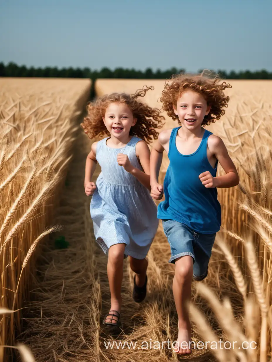 Брат и сестра бегают на пшеничном поле. У них светло-каштановые кудрявые волосы и небесно-голубые глаза. Мальчику лет 10, а девочке - 7.