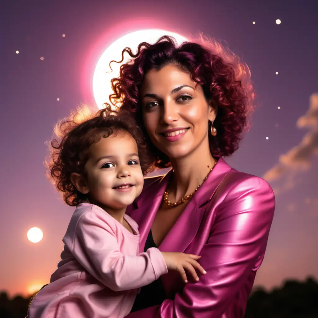 a pretty starseed astrologer woman, in her 30s with a beautiful child, dark pink trendy outfit, wealthy, olive skin, pretty, roman nose, short brown curly hair, confident, looks up smiling, planets above her head, the sun is blazing down bright, sunset, pink peach purple sky, planets are bursting out of her head