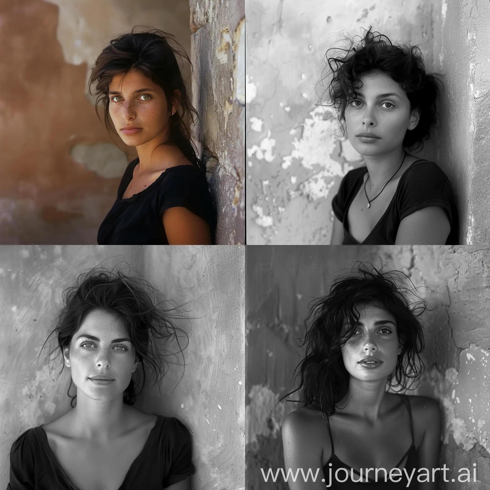 Intimate photographic portrait of an attractive 30 years old Italian woman, in front of a flat wall, playful hair, peaceful and joyful expression, deep and captivating eyes, looking at camera, eye contact, summer gentle light, cinematic style, shot with Fujicolor Pro 400H::3 by Ferdinando Scianna::2    --style raw