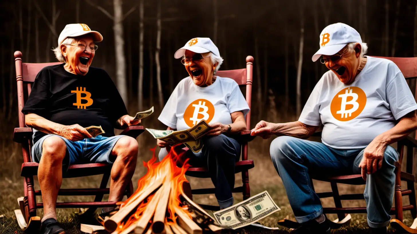 create an image with grandparents sitting in rocking chairs, wearing Bitcoin baseball caps and tee shirts, they are laughing while throwing US dollar notes into a small controlled burning fire in a drum