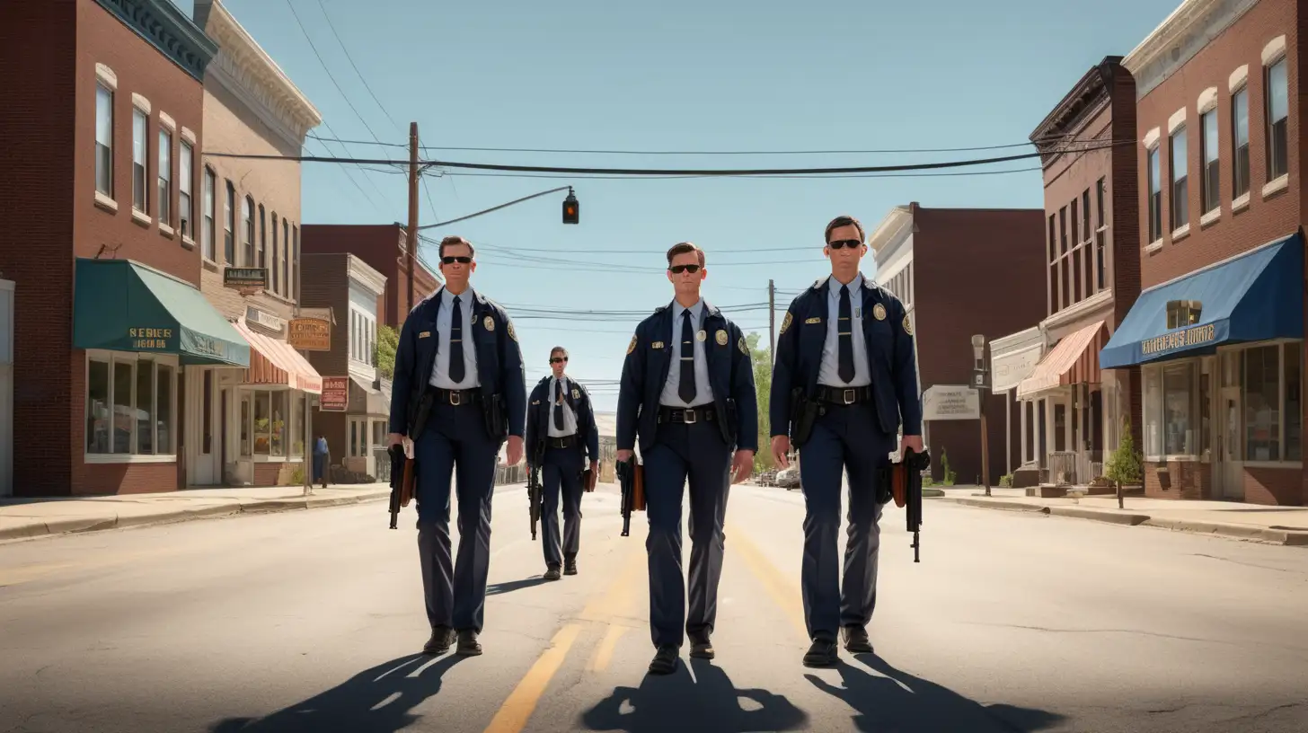 NOON ON A SUNNY DAY. A SMALL TOWN AMERICAN MAIN STREET. AN FBI AGENT STANDS IN THE MIDDLE OF THE STREET, WITH ONE PAIR OF LEGS AND TWO TORSOS AND TWO HEADS. IN EACH HAND IS A DIFFERENT TYPE OF HANDGUN.
