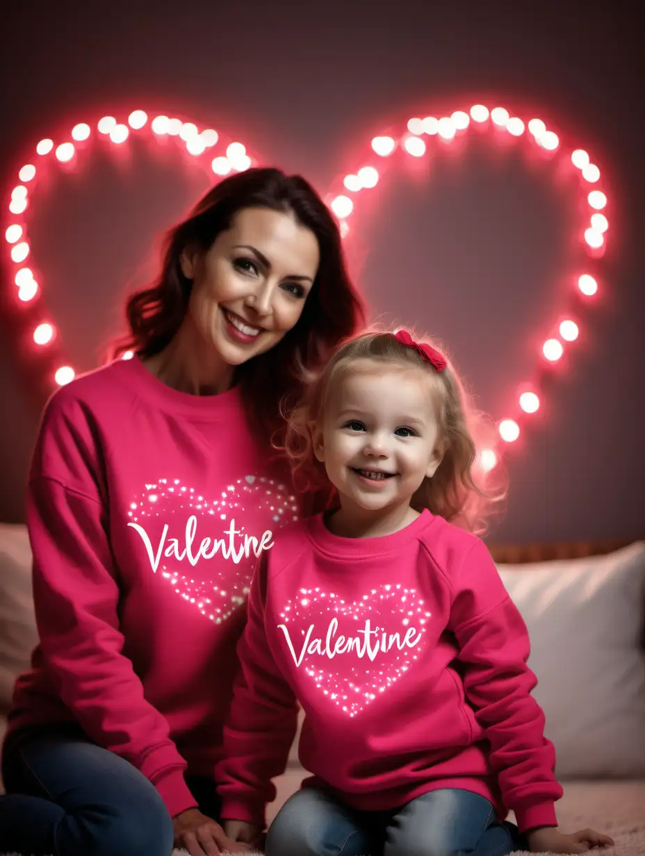 Hot Pink Sweatshirt mockup, valentine theme, Mom And Toddler Daughter, blurred heart lights in background, facing me, smiling
