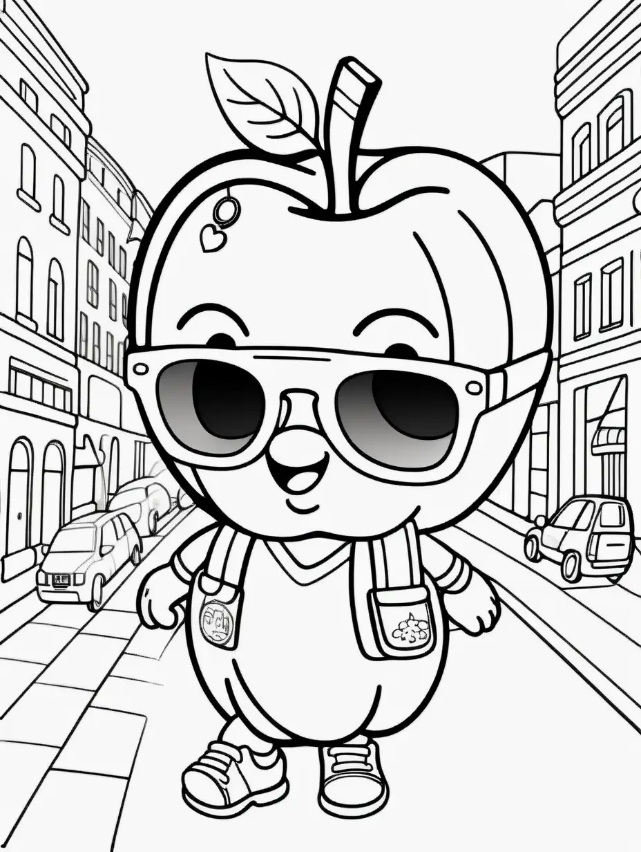 Cartoon Apple with Sunglasses Walking Around the City Coloring Page