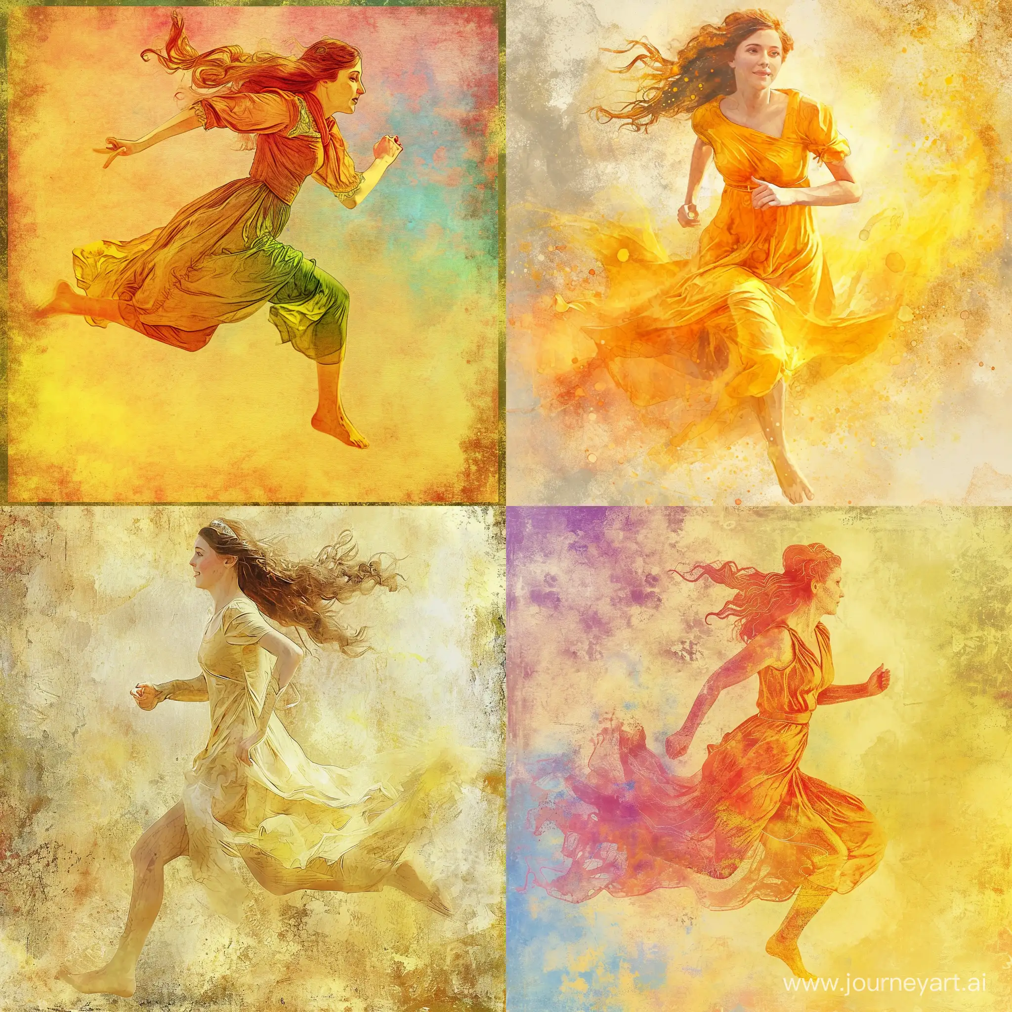gentle watercolor digital art digital painting Josephine Wall, highlighting, gentle smile, vector image of beautiful goddess running gracefully, Renaissance painting, old paintings in HD quality emphasis on color high quality high screen resolution 1028k shot on Canon EOS R5 camera in HDR Giallo lighting