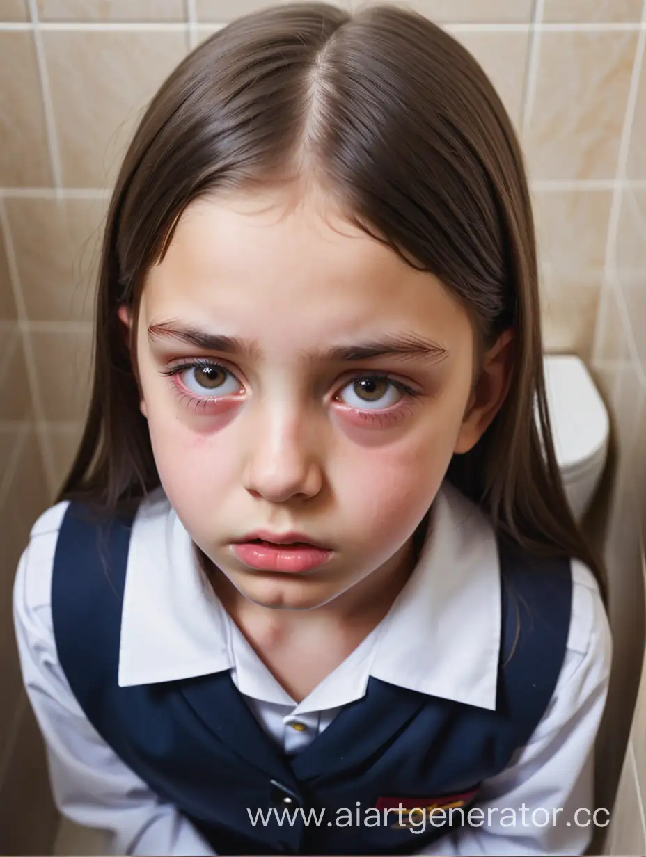 A girl. The girl wears a mini school uniform. 11 years old. Close-up. The photo taken from top. Toilet. Bird's eye view. Plump lips. Close up. Head top view. Close up. Soft make-up. The girl is suffering. She has long straight hair. The girl is sad. Arabian. The girl has a different face. 