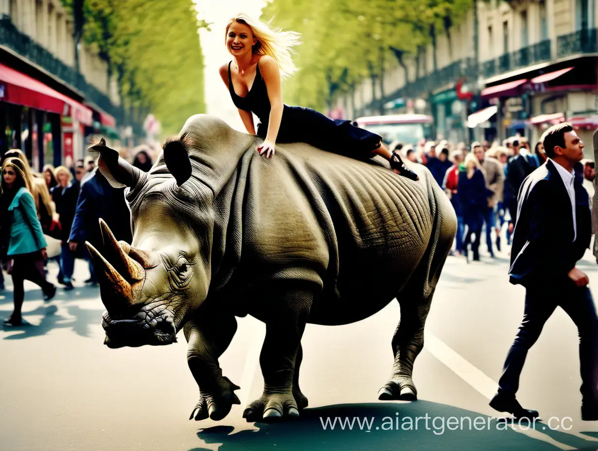 une belle femme blonde chevauche un rhinocéros dans une rue bondée de Paris