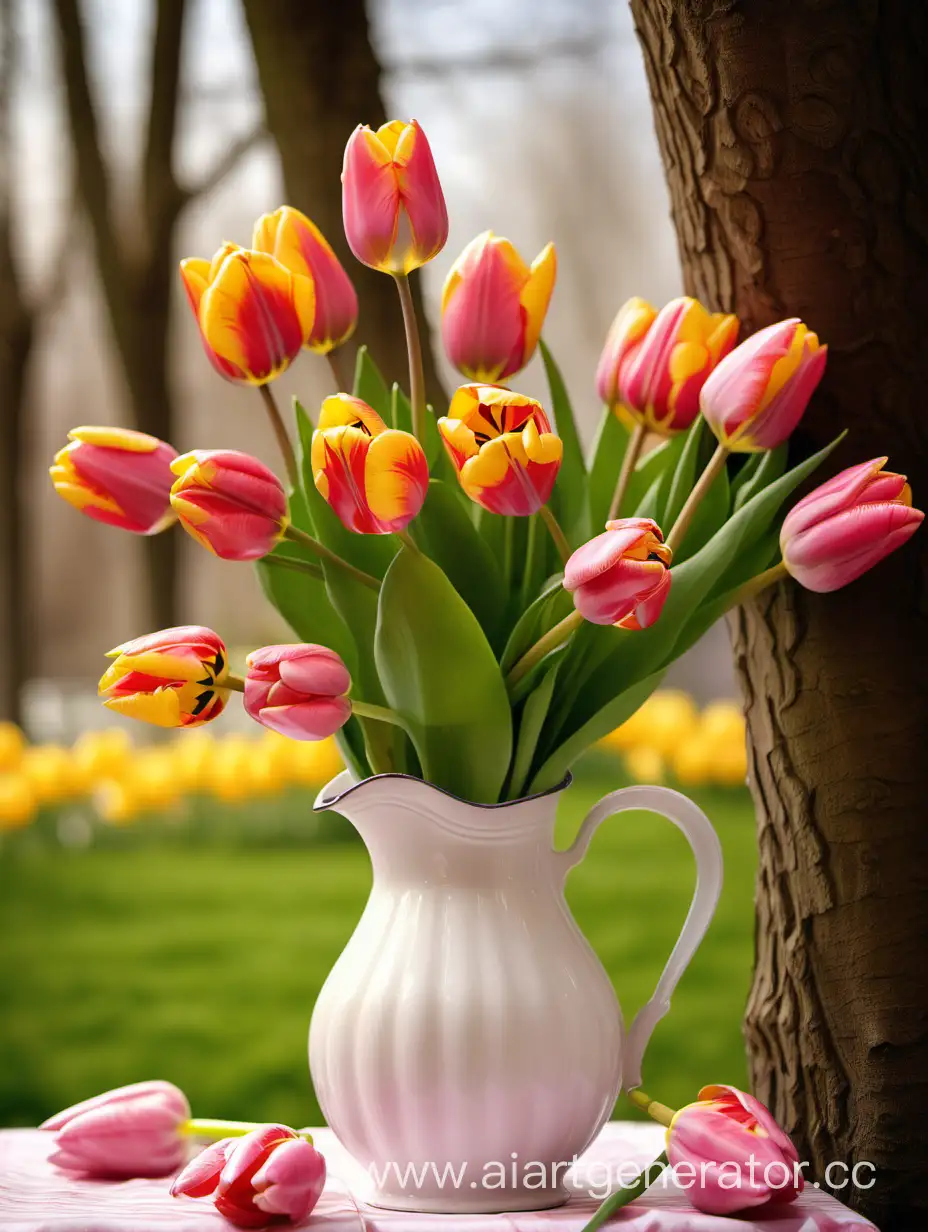 Vibrant-Tulips-Arrangement-in-Pitcher-with-Tree-Silhouette-Background
