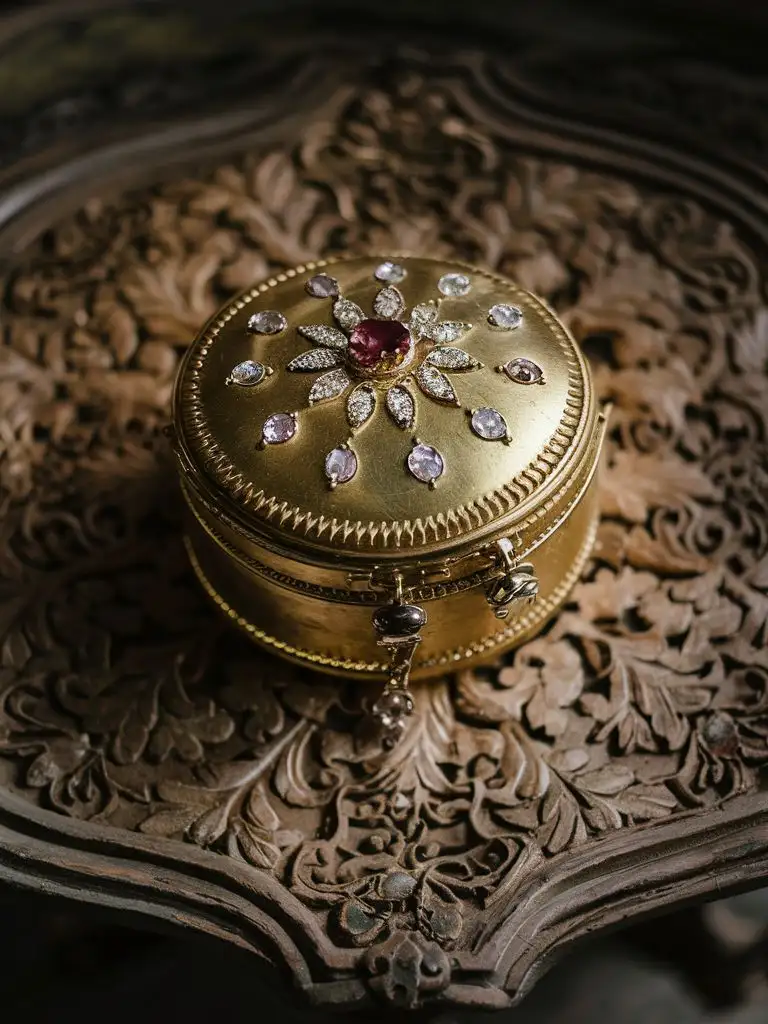 старинная округлая шкатулка из золота и камней. Она стоит на винтажном резном столе