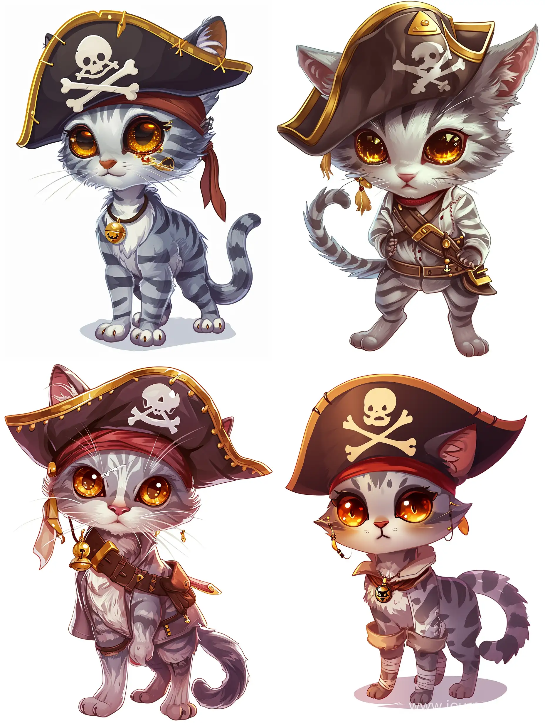 Cute little female cat pirate sailor, with amber eyes that shimmer beautifully, the color of the cat is gray with white stripes, she is wearing a pirate hat, her ear is pierced with a gold earring, her left eye is covered with a pirate bandage, she stands in a pirate pose, hd, png, white background, cartoon, 2D, minimalism