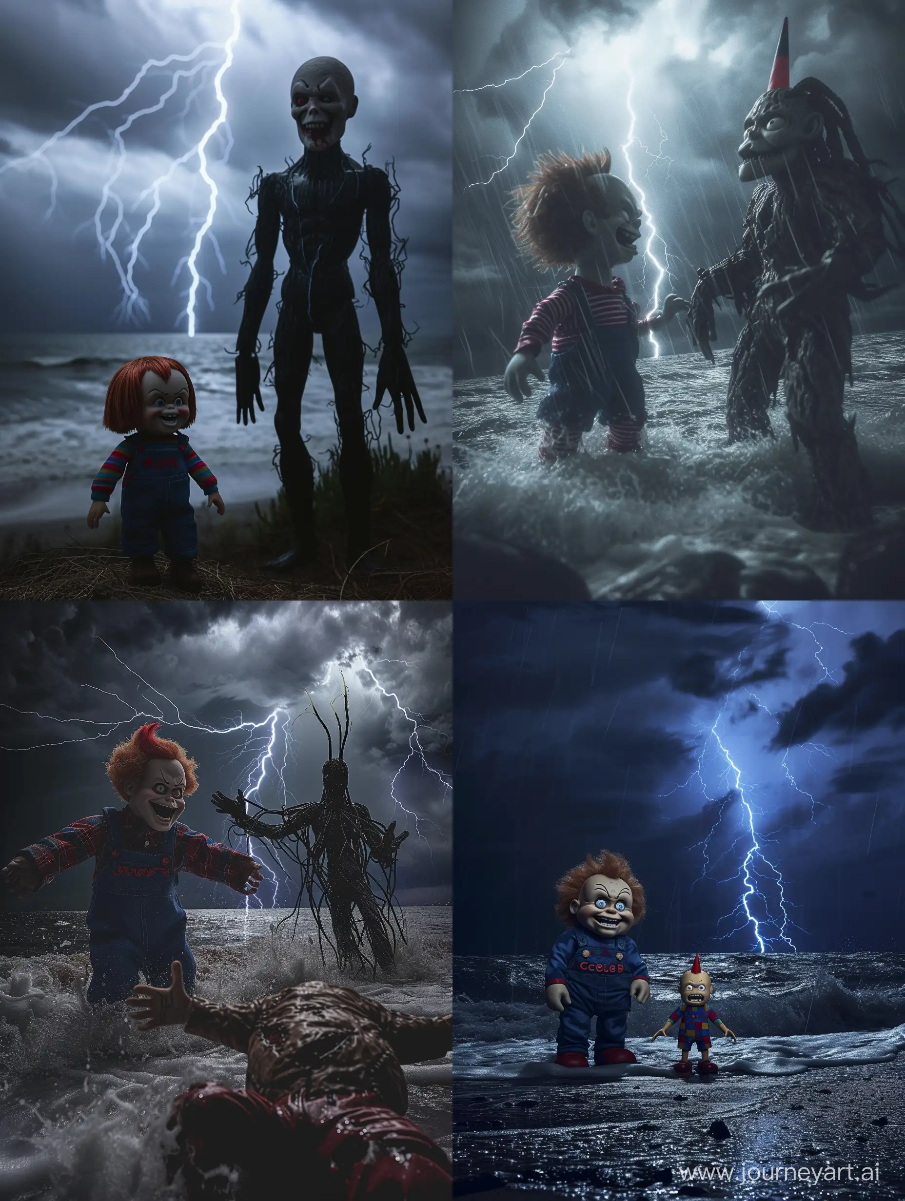 Huge Chucky vs. Huge Slenderman, shot before the first strike, lightning strikes the sea, cinematic photography,--ar 3:4