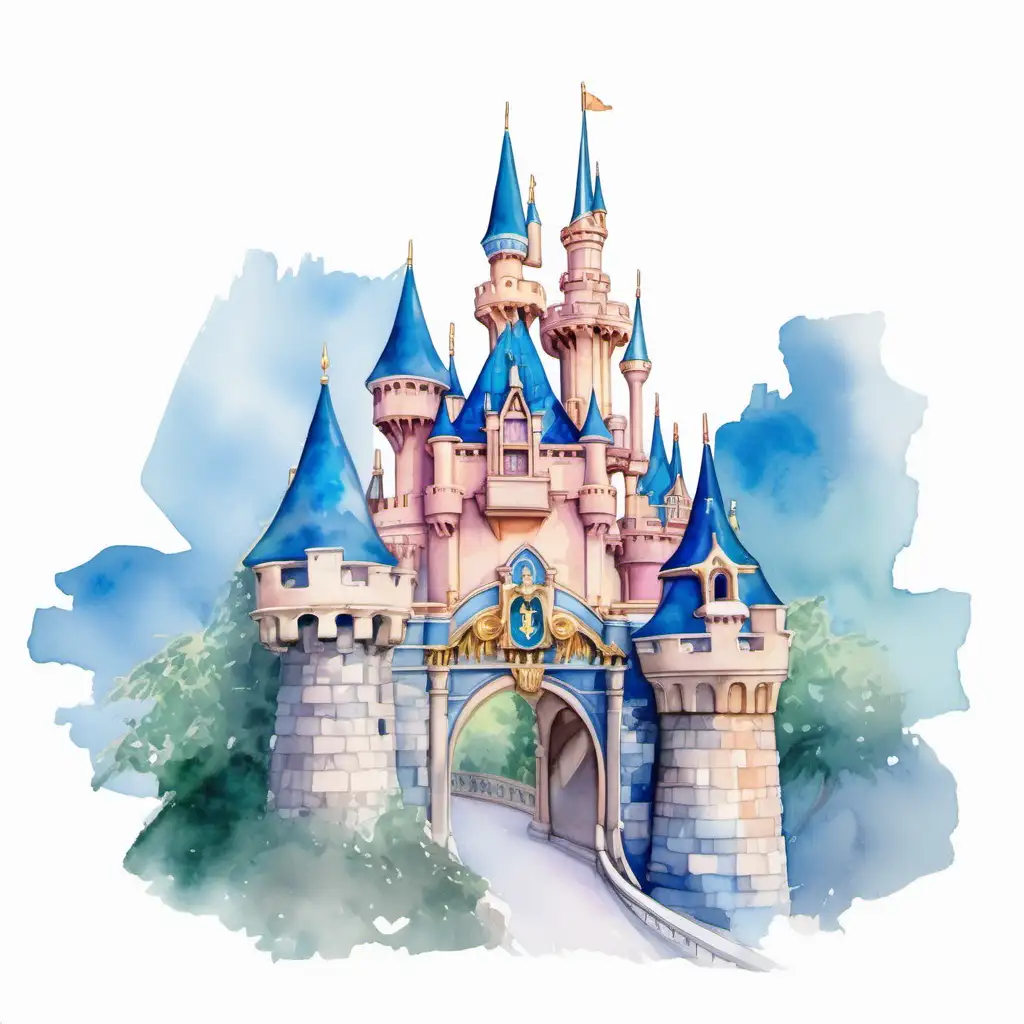 Enchanting Watercolor Depiction of Disneyland Sleeping Beauty Castle and King Arthurs Carousel