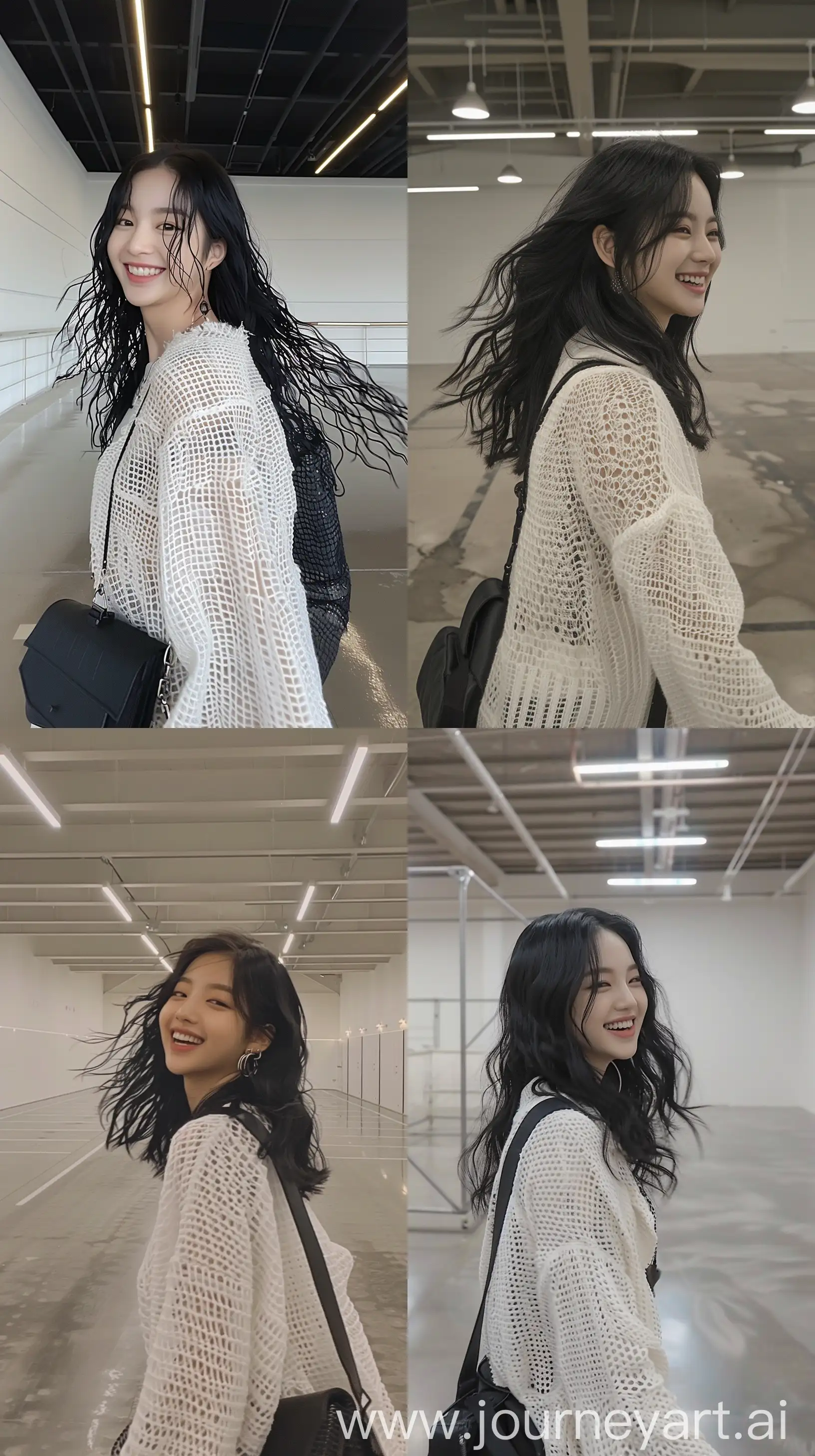  aestethic selfie, blackpink's jennie, wearinng white net cardigan, medium black wolfcut hair, wavy, black shoulder bag, walking inside empty room, smile, profile , throw face away --ar 9:16