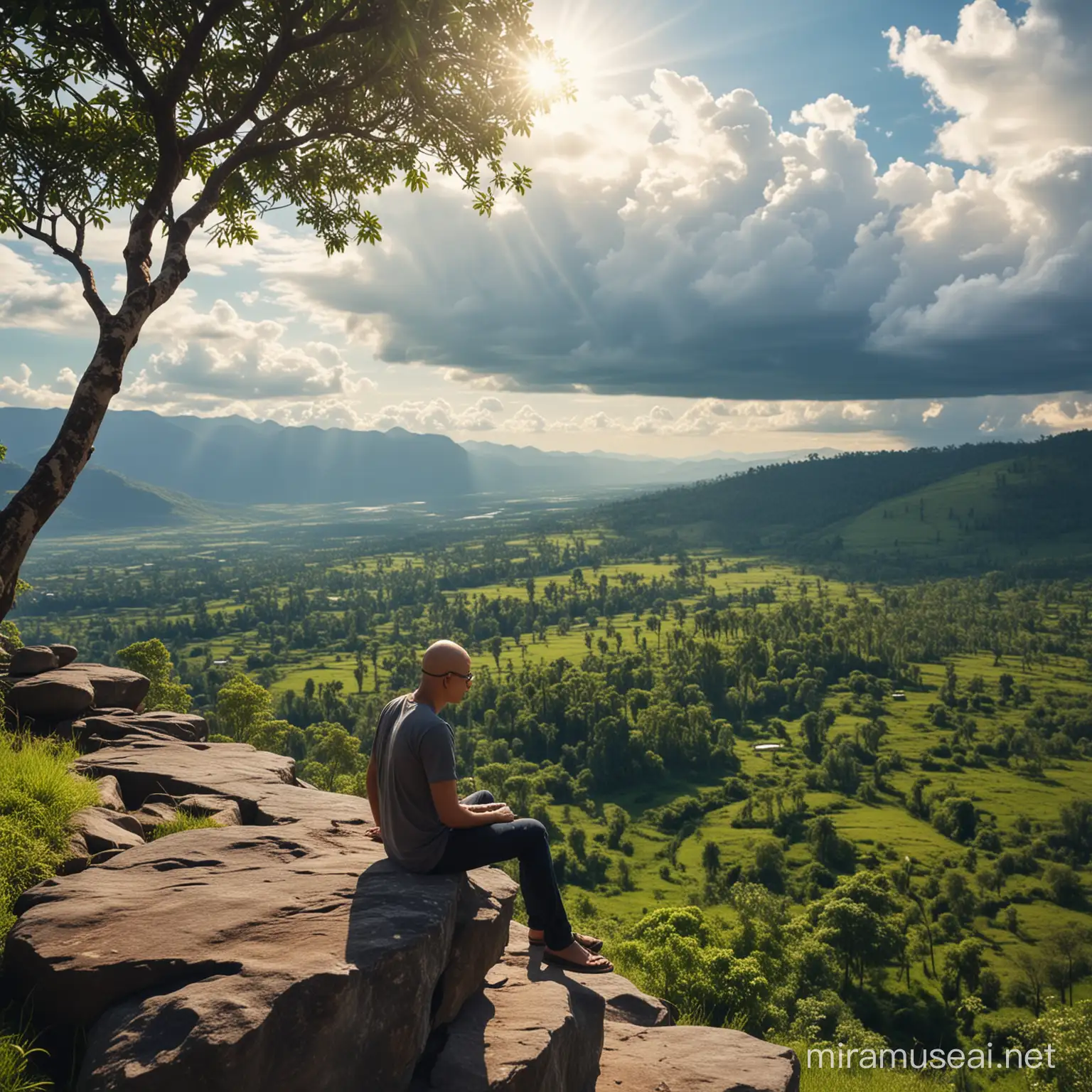 1 man, Indonesian, with bald head and glasses alone, looking back to the horizon, sit on top of grassly stone ledge, under lush trees lonely vibe, highland landscape scenery, dramatic scenery, white cloud on blue sky, sun flare, pov: from above