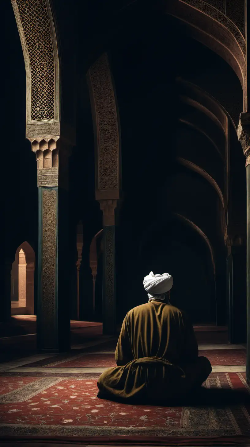 the back of a scholar wearing a turban sitting in a dark mosque in the year 1500