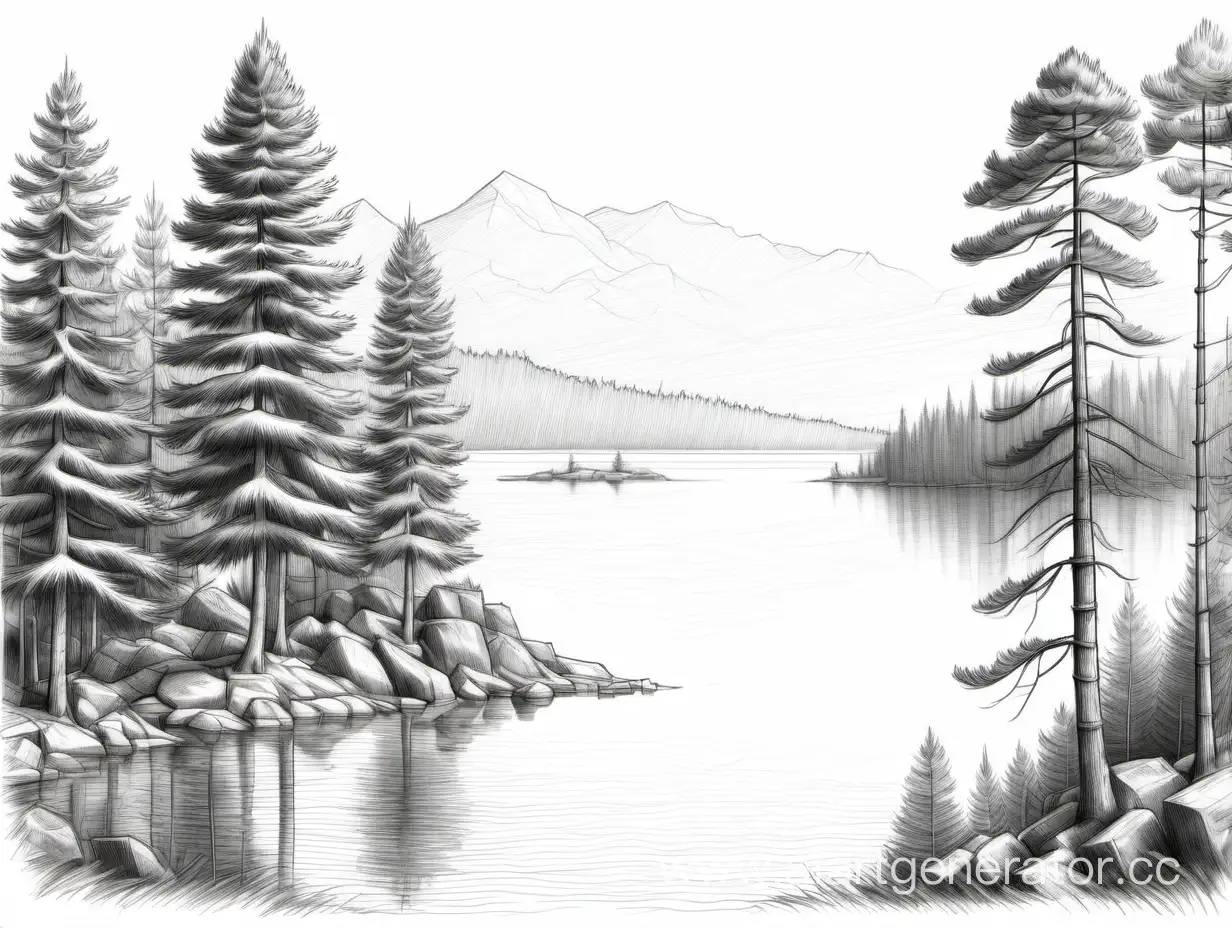 максимально реалистичный максимально детализированный  высокого качества четко прорисованный рисунок природы  (сосны, елки, озеро, островки с деревьями) в стиле карандашной графики