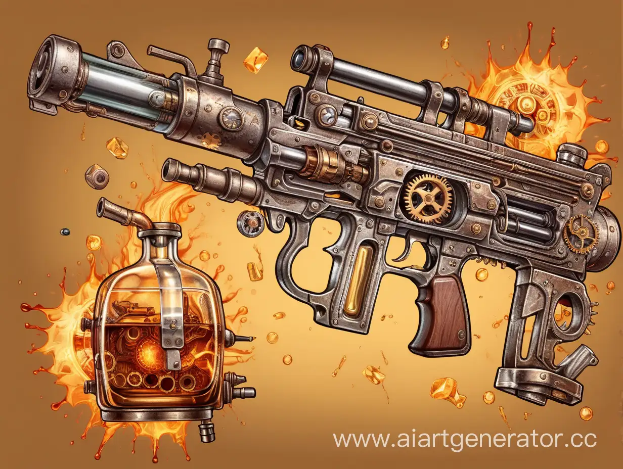 A homemade submachine gun, old spare parts and remarkable mechanisms, steampunk particles, inside the weapon, in the center there is a glass container located horizontally with a fiery liquid. in comic style, on a single-color background.
