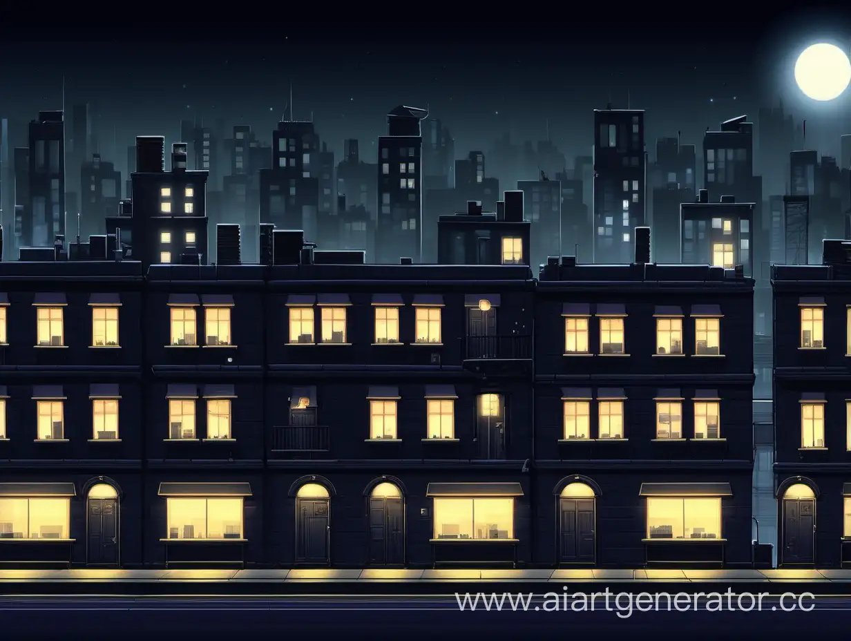 night black city, side view,flat roofs, lights are on in some windows, background for the game