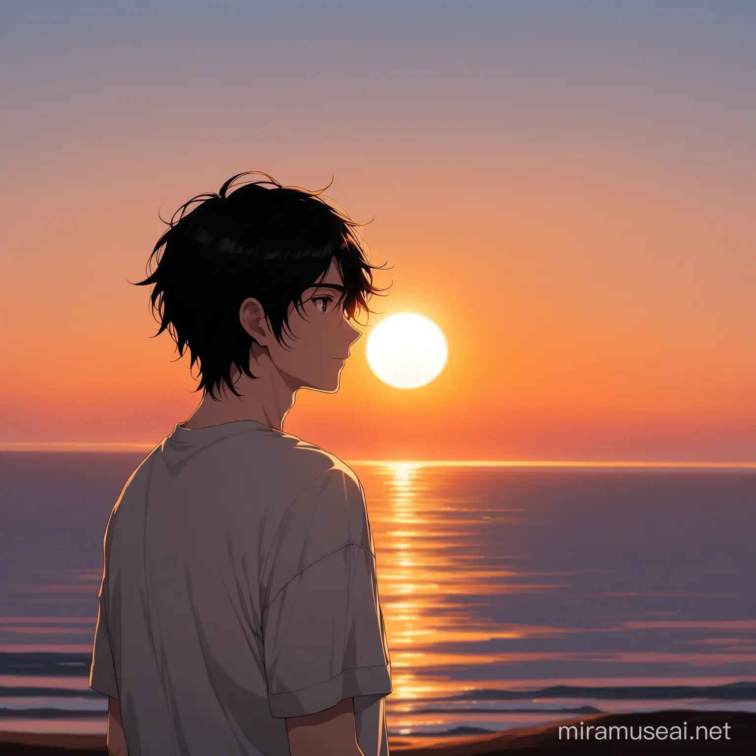 Contemplative Young Man Admiring Sunset with Visible Heart