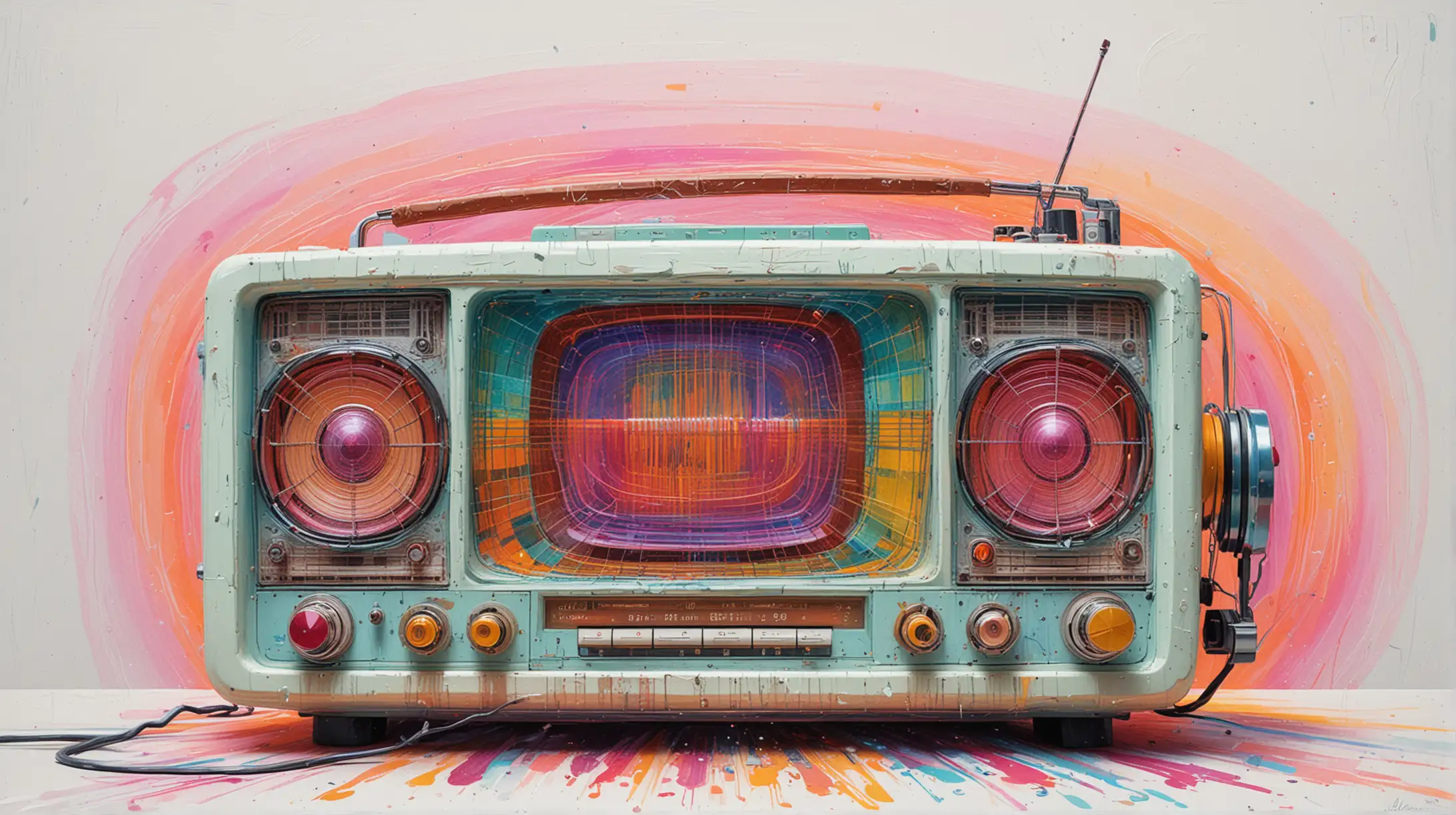 An abstract psychedelic painting of a large old time radio in the foreground against a textured white background, vivid neon colors, wild and ethereal.