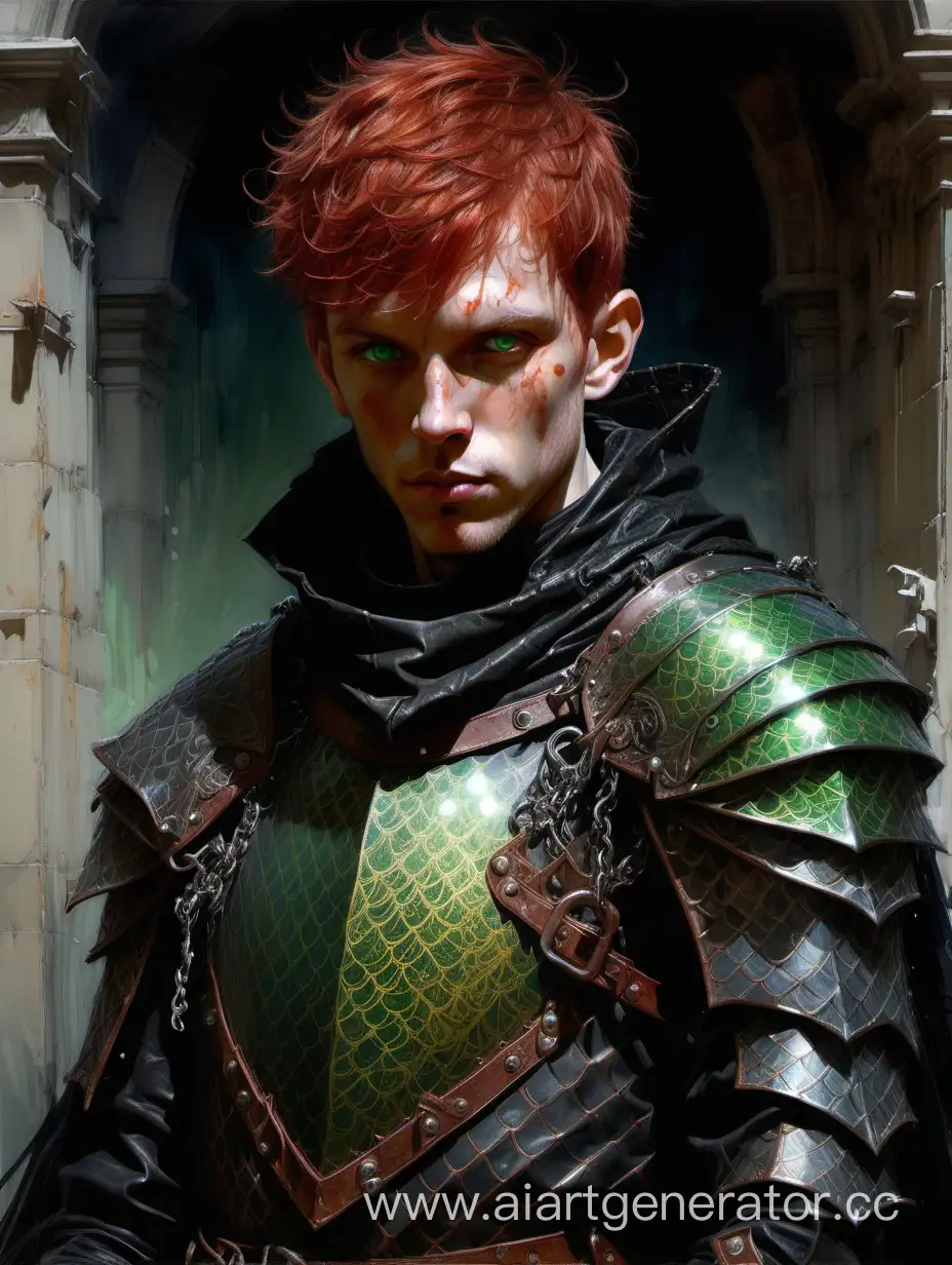 Portrait of a male fantasy knight with short red hair, green eyes, dark form fitting leather and oilcan chainmail armor, irridescent black dragonscale cloak, dark fantasy, intricate details, hyper detailed, Jean Baptiste Monge, Carne Griffiths, Michael Garmash, Seb McKinnon, masterpiece 
