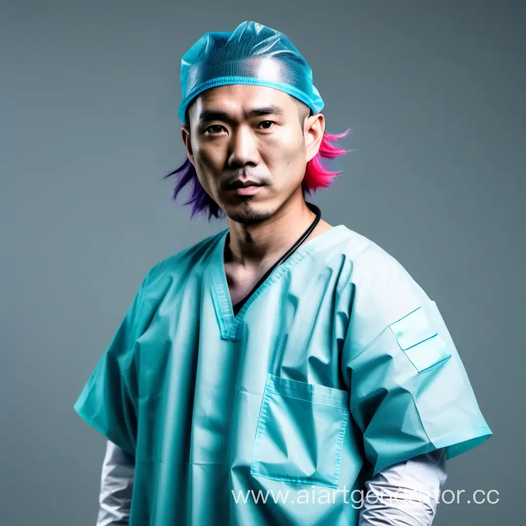 хирург азиат в мешковатой одежде с разноцветными волосами