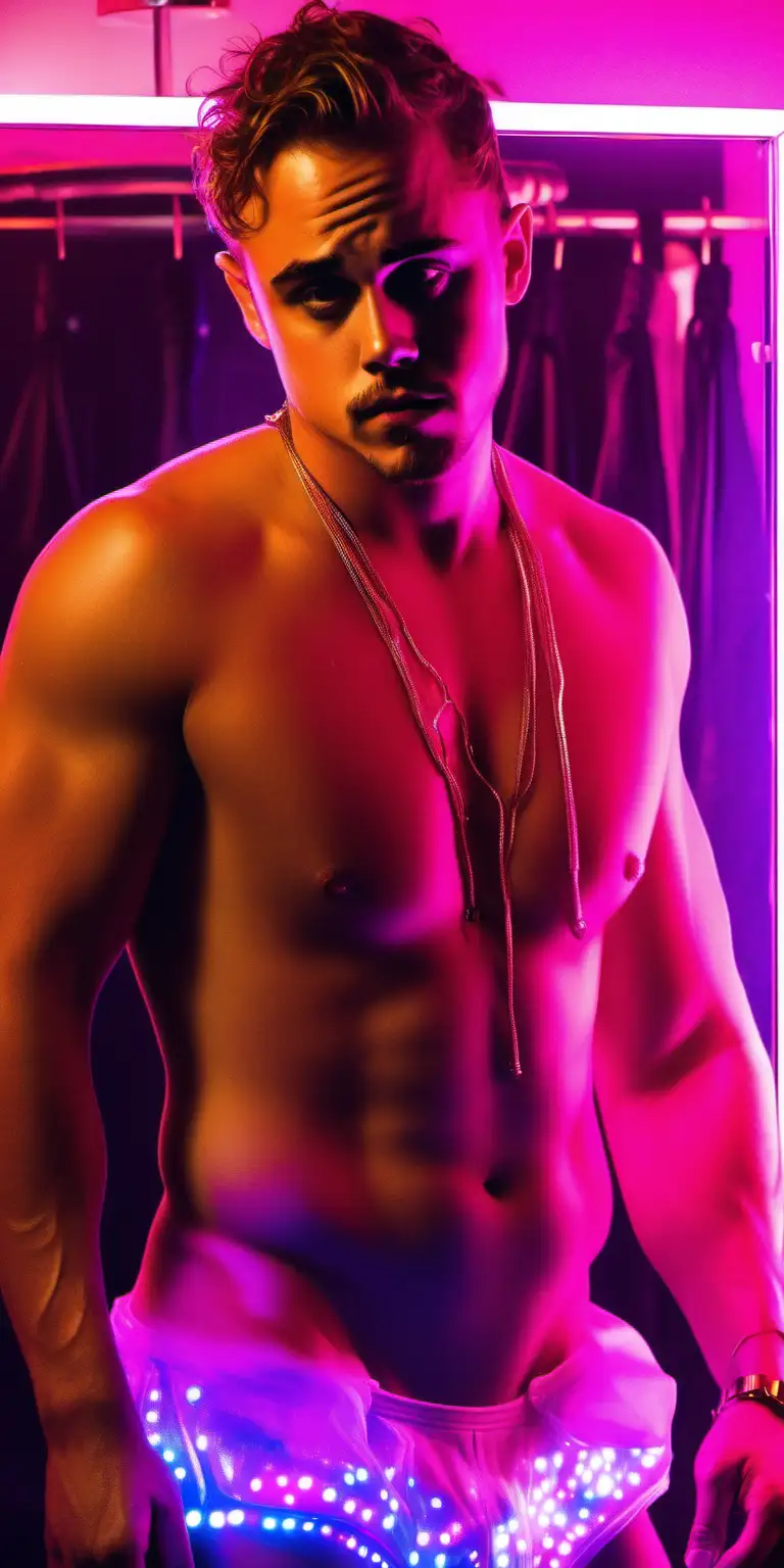 Dacre Montgomery, wearing nothing but little  non-existent floss delicate invisible speedo underwear, as a slutty  sexy stripper, slightly chubby, a bit stocky, looking at himself in the mirror, back side view, back turned, turned on, sexy vibe, colorful lights
