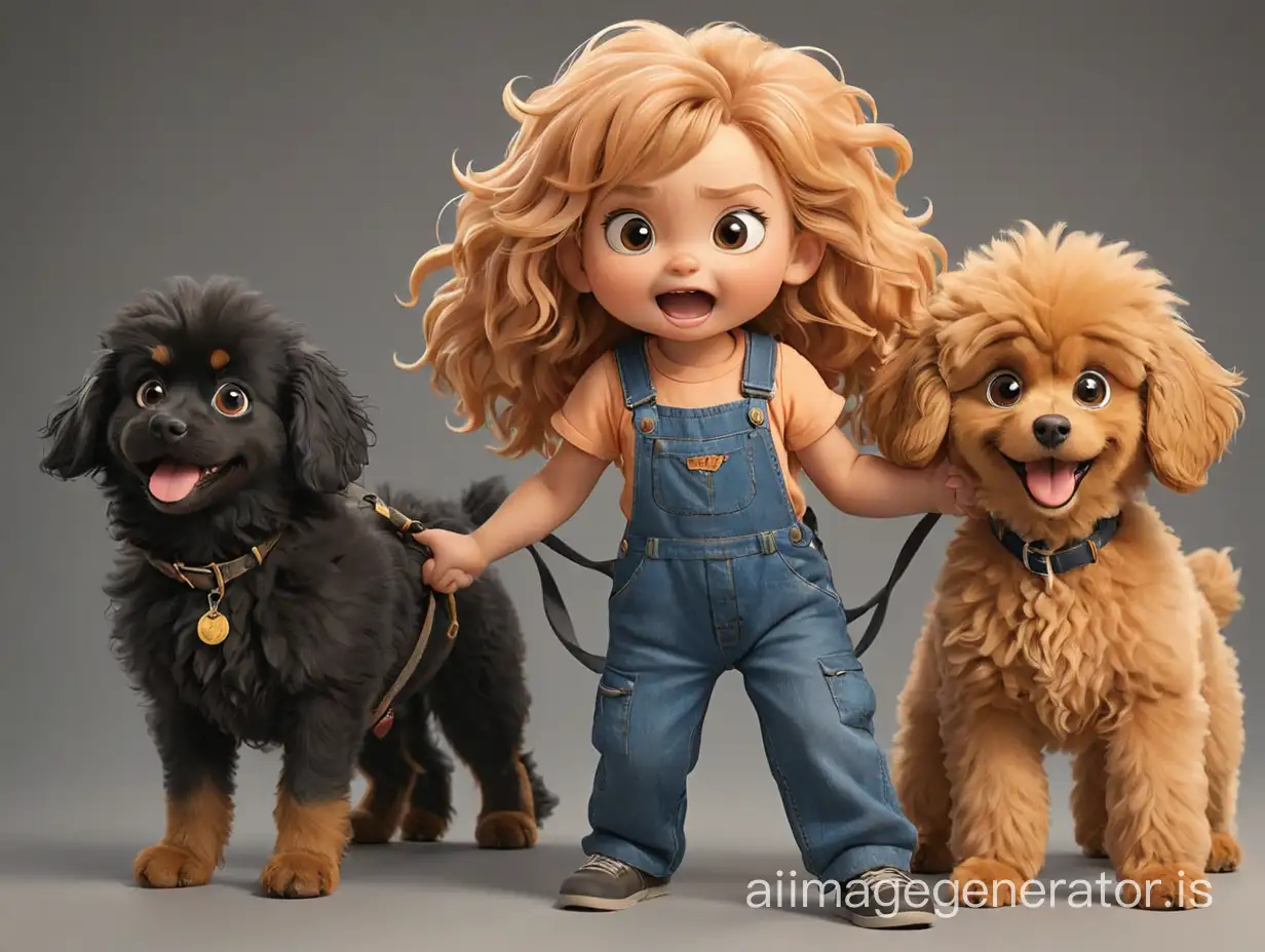 The drawing depicts a five-year-old girl with very long hair down to her buttocks, dressed in overalls with two dogs: a peach-colored toy poodle and an angry black shepherd.