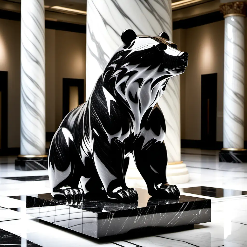 A striking photorealistic image showcases an ultra-detailed [ Bruin bear ] sculpture in exquisite [Black ] marble, enclosed in a mesmerizing glass cube. The centerpiece of an opulent museum hall exudes sophistication and grandeur. The dynamic [Bruin bear ] pose reveals intricate details, complemented by a richly adorned environment without overshadowing the main exhibit. Skillful lighting highlights the marble's sleek surface, casting captivating shadows and reflections.