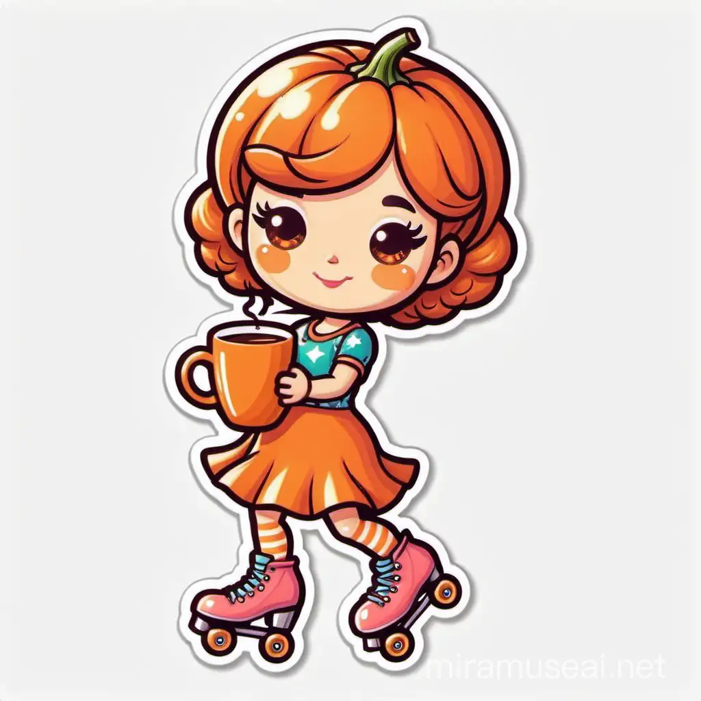 cute retro groovy mama with pumpkin costume with roller skates drinking coffee vector sticker