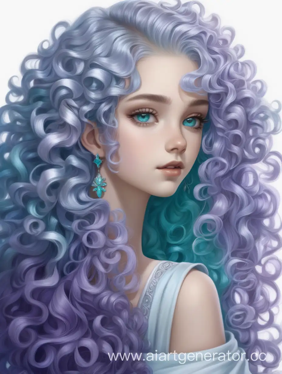 A young lady. she possesses a slender and graceful frame. She has light skin, her eyes shimmer with a captivating hue that shifts between shades of lavender and turquoise. Her hair, a lustrous silvery-white cascade of curls