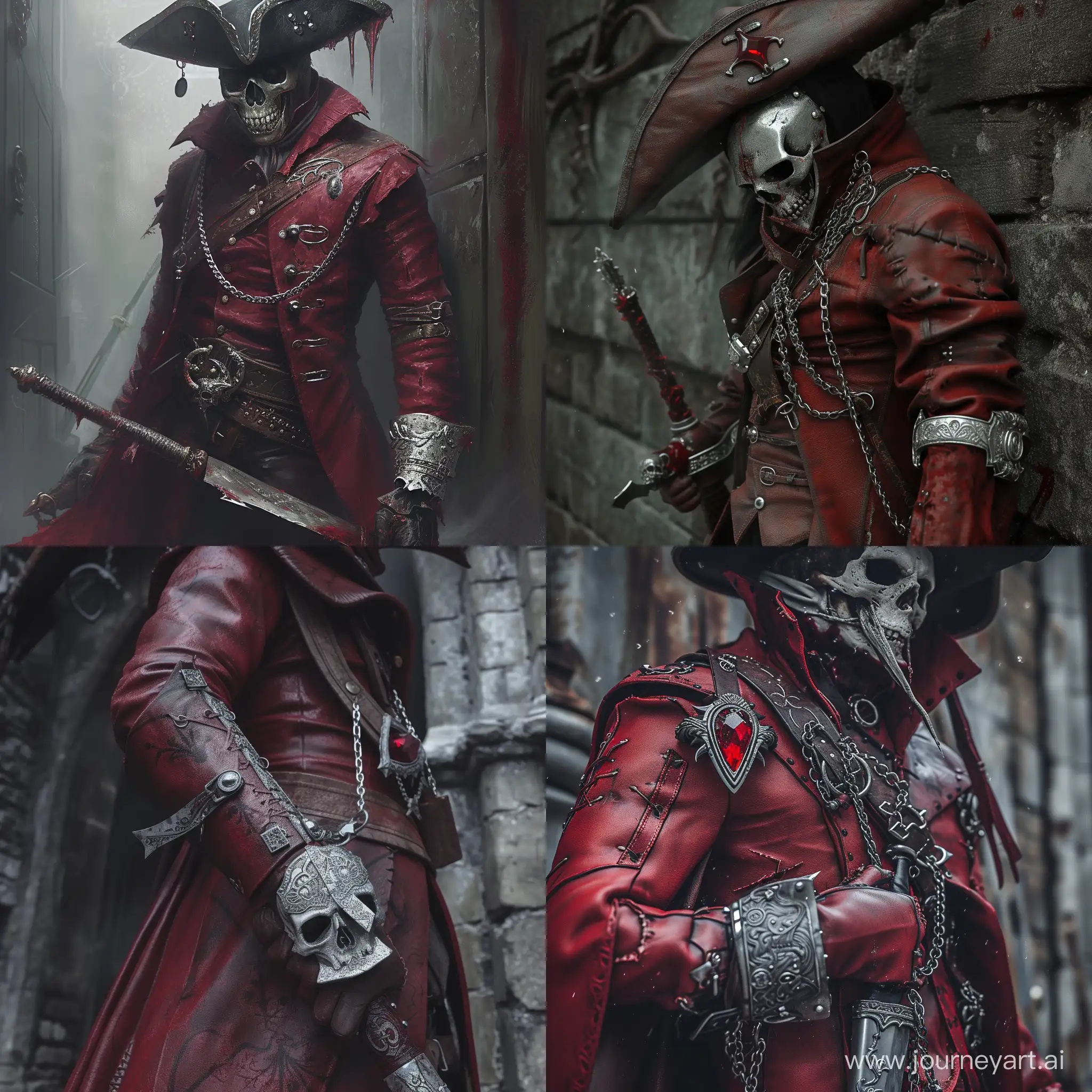 On the haunted shores of Cainhurst, the Bloodbound Marauder emerges from the mist. The crimson leather coat billows as the hunter's silver half skull mask sends shivers through the ancient castle's corridors, where echoes of lost souls linger, A leather wrist cuff with occult engravings, a silver chain with a crimson crystal pendant, and a tricorn hat, wielding an ornate cutlass with a serrated edge, echoing tales of vampiric prowess, dark fantasy style, bloodborne style, gritty, detailed, half body shot, dark, blood on weapons