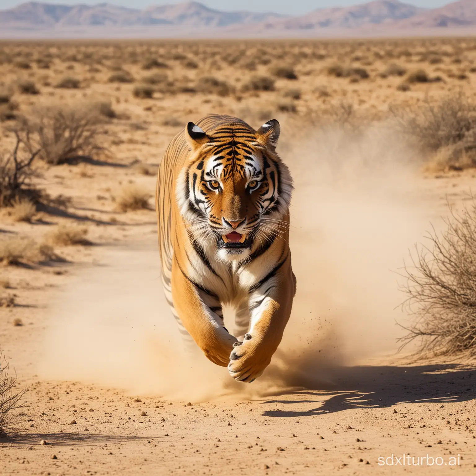 A tiger running in the desert