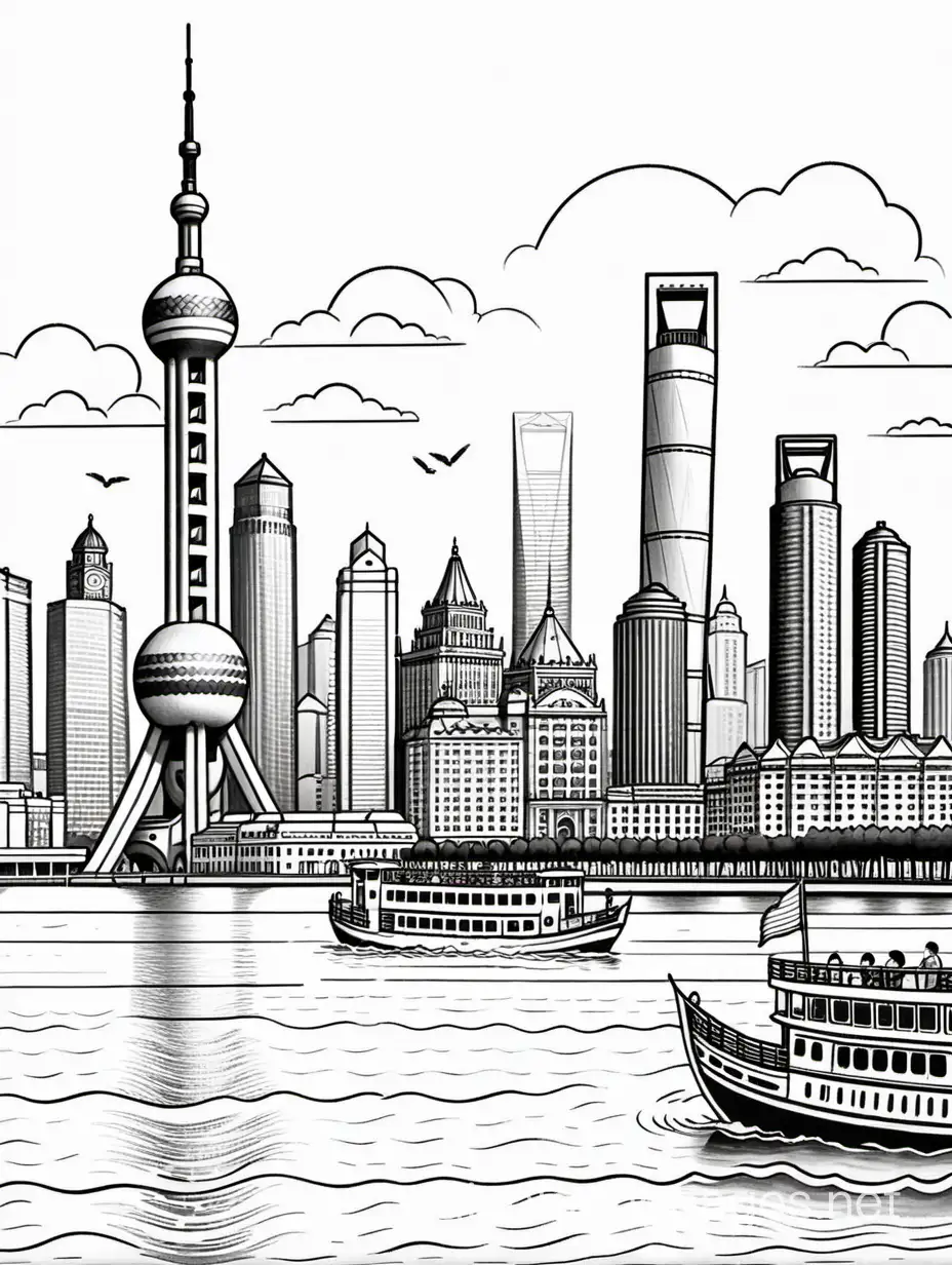create a b/w coloring book page of - The Bund, Shanghai ; line-art; realistic; bold lines; no color, no grey-tone, no shading, Coloring Page, black and white, line art, white background, Simplicity, Ample White Space. The background of the coloring page is plain white to make it easy for young children to color within the lines. The outlines of all the subjects are easy to distinguish, making it simple for kids to color without too much difficulty