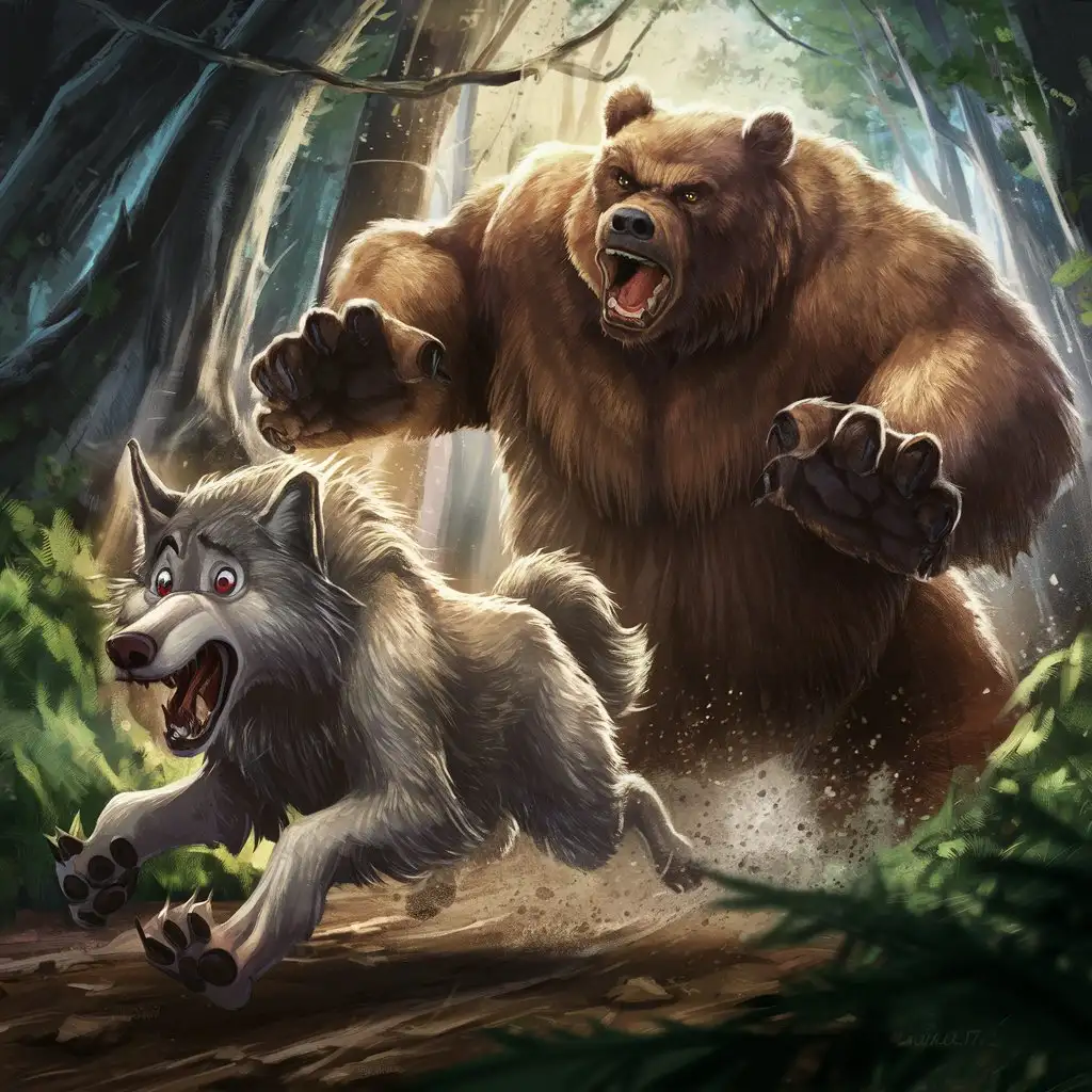 The wolf is running away from the bear