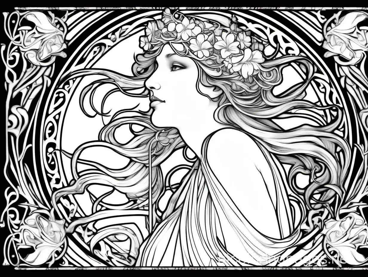 May, digital painting, extremely detailed, Alphonse Mucha, Art Nouveau, Coloring Page, black and white, line art, white background, Simplicity, Ample White Space. The background of the coloring page is plain white to make it easy for young children to color within the lines. The outlines of all the subjects are easy to distinguish, making it simple for kids to color without too much difficulty