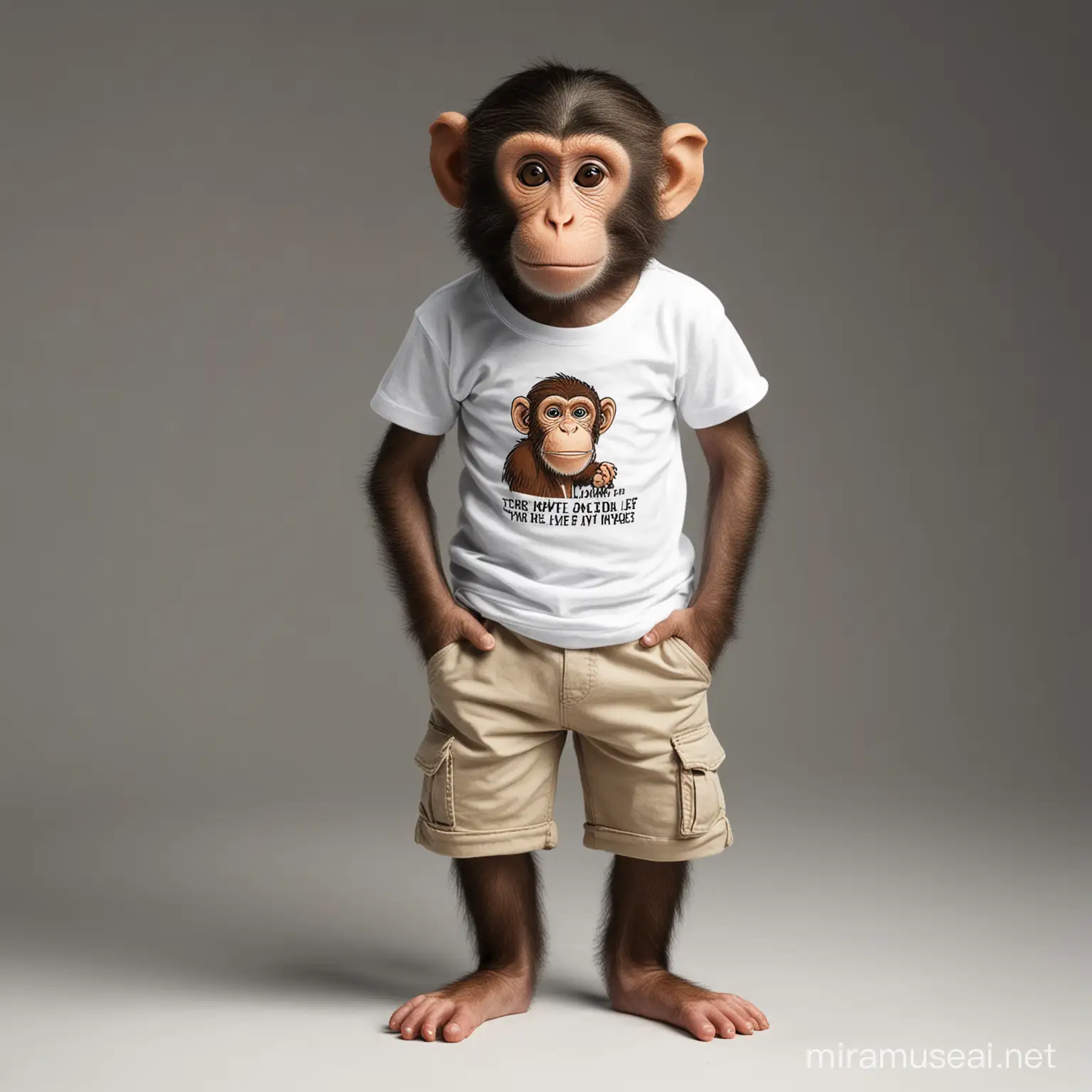 MONKEY WEARING SHORTS AND T SHIRT AND TALKING ABOUT LIFE