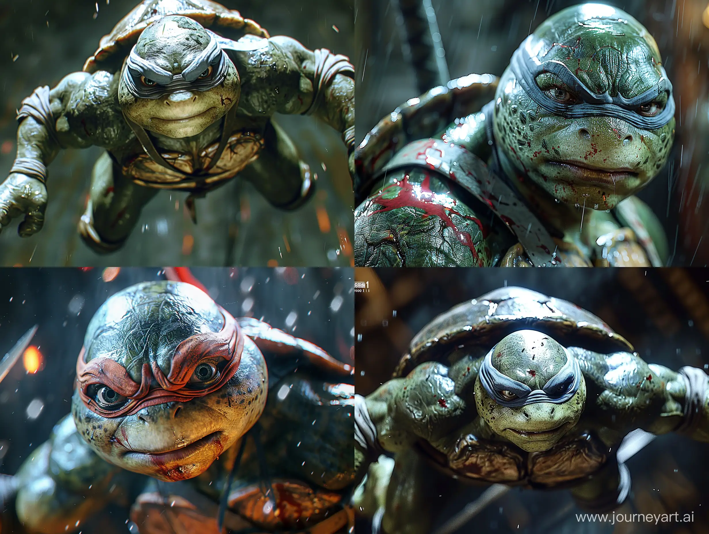 realistic Raphael Teenage Mutant Ninja Turtles, looking down, cinematic, dark, prime 1 studio, (awe-inspiring:1.1), majestic, pompous, (floating in mid-air:1.5), (leviating:1.5), extreme detailed, flowing cape, chiaroscuro, harsh shadows, bloody highly detailed --style raw --stylize 500