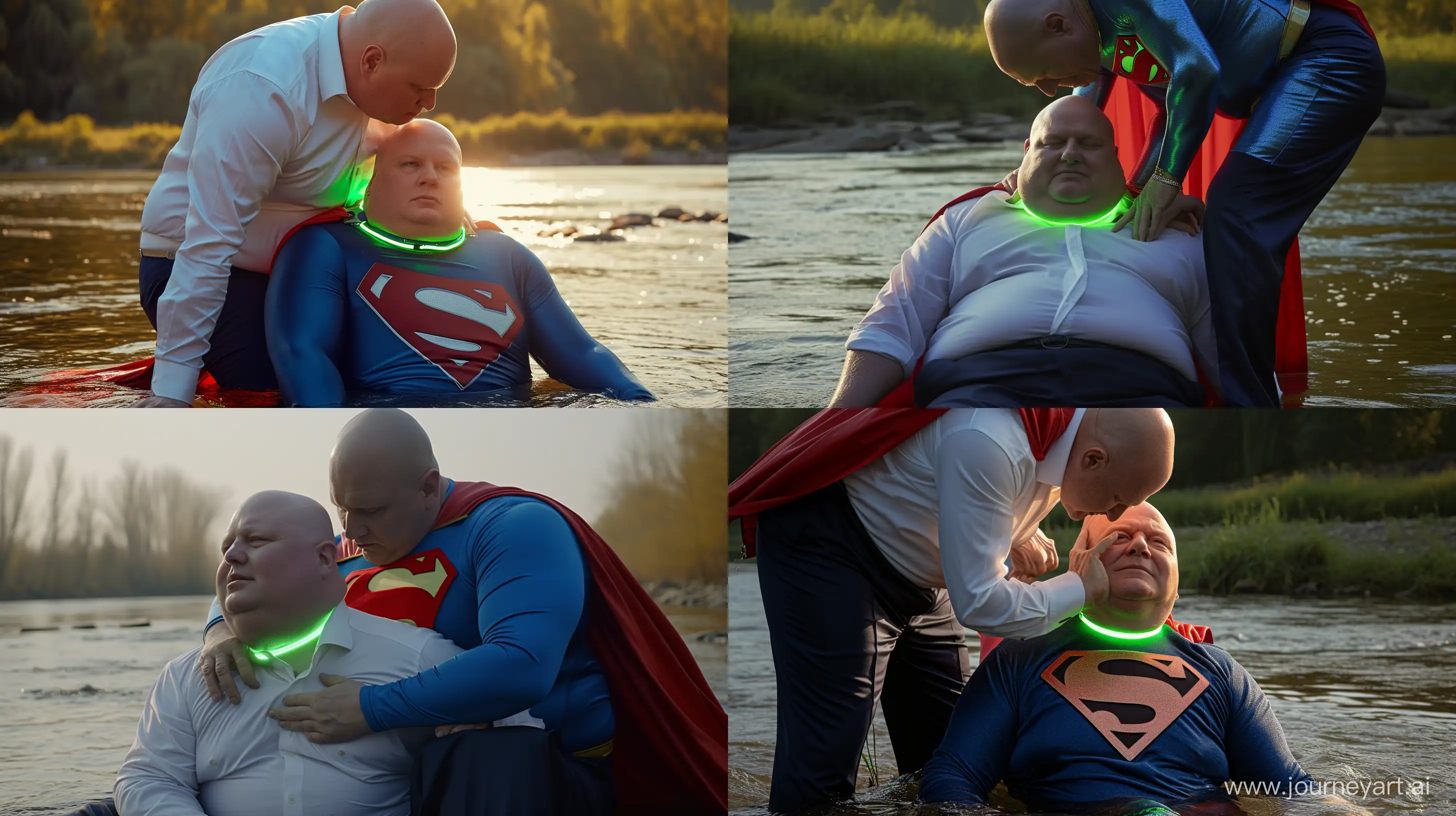 Close-up photo of a fat man wearing silk navy business pants and a white shirt. Bending and putting a tight green glowing neon dog collar on the nape of a fat man aged 60 wearing a tight blue superman costume with a red cape sitting in the water. Bald Clean Shaven. Daylight. River. --style raw --ar 16:9