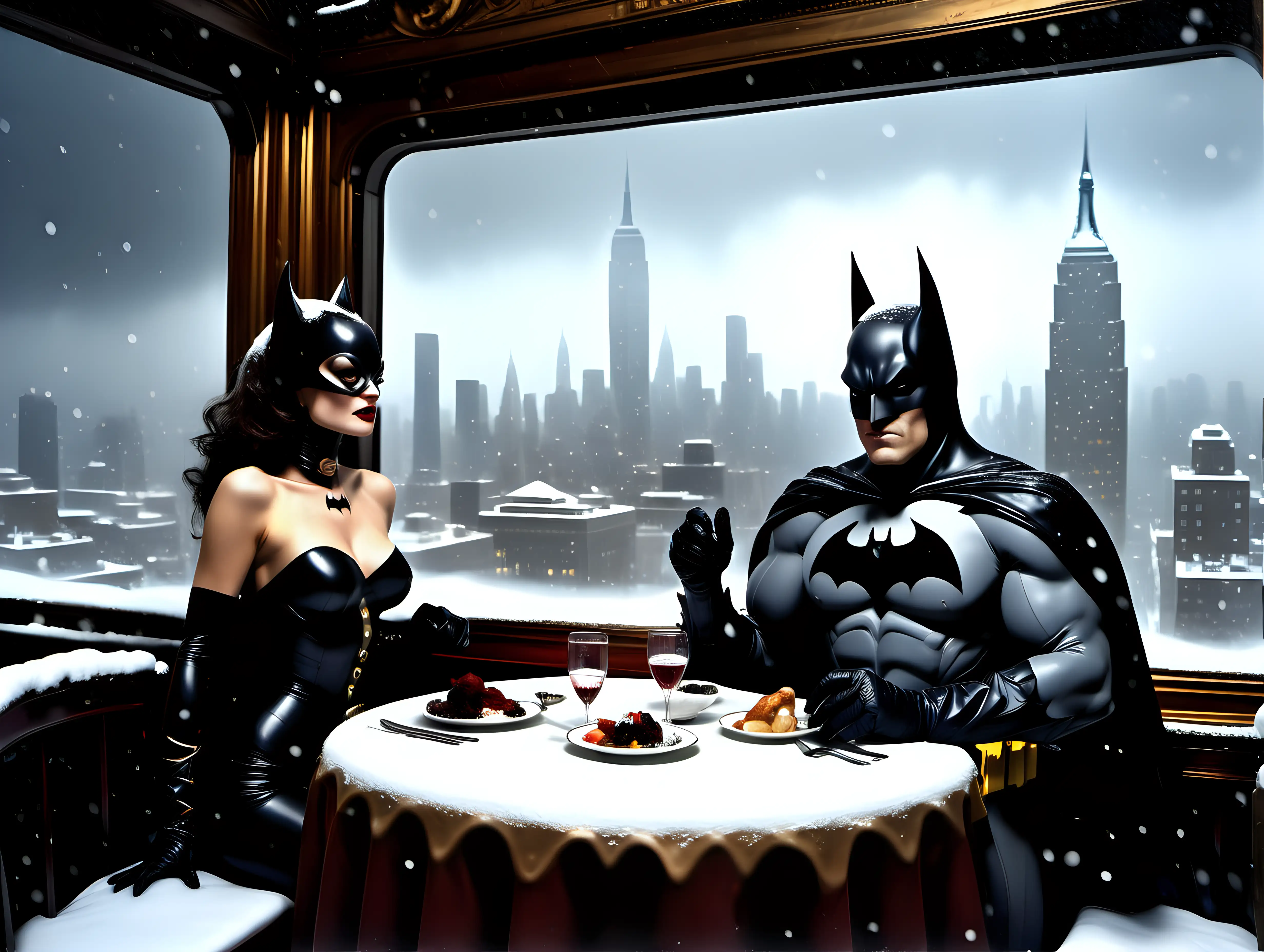 wide view Cat woman and Batman  on a date in a fancy restaurant overlooking NYC during a snow storm Frank Frazetta style