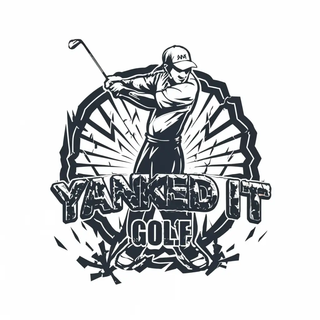 a logo design,with the text "Yanked it Golf", main symbol:Golf ball crashing through glass with the golfer in the background. Spell the name as indicated,Moderate,clear background
