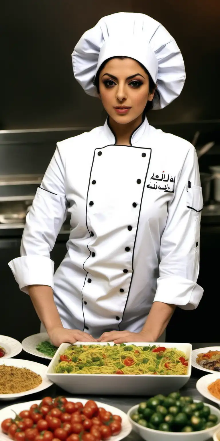 Iranian actress Leila Otadi is dressed as a chef and is standing behind a table full of food