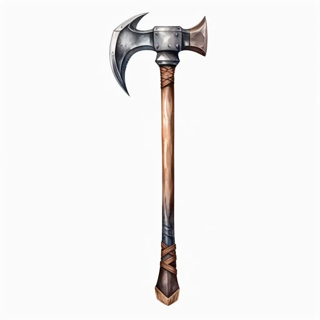 Dark Watercolor Drawing of Medieval Tools Hammer Crowbar and Wooden Shaft