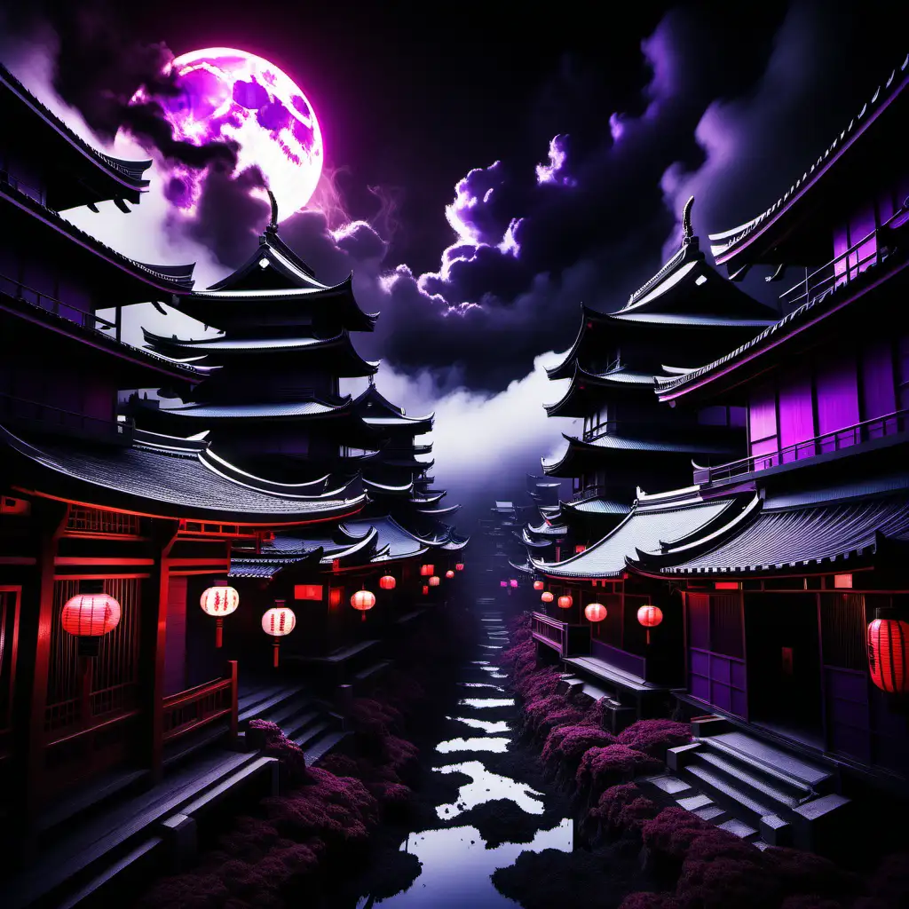 mystical Japanese cyberpunk themed village hidden in the darkness hidden in the shadows, in black beautiful japanese temple floating japanese clouds mixed with black ethereal darkness purples blacks and reds smoke like shadows everywhere, elemental shadows, a village hidden in the darkest place of the world, light is trapped by the darkness a village for shadow elementals
